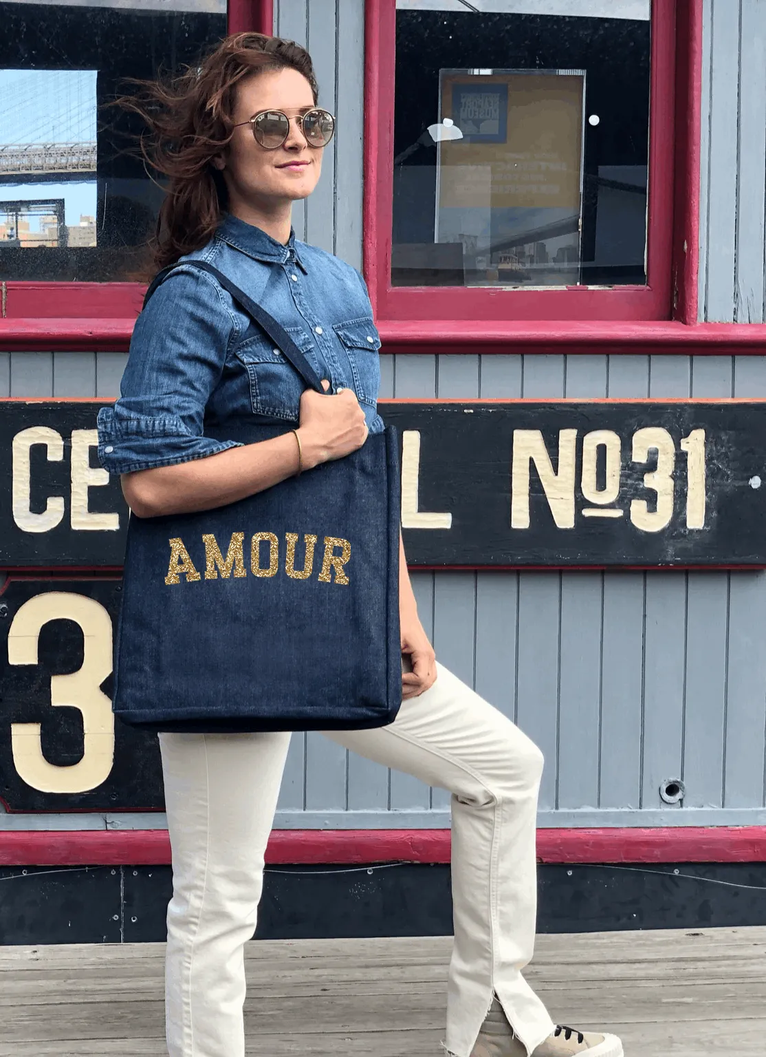 Denim Upright Bag with Gold Glitter AMOUR