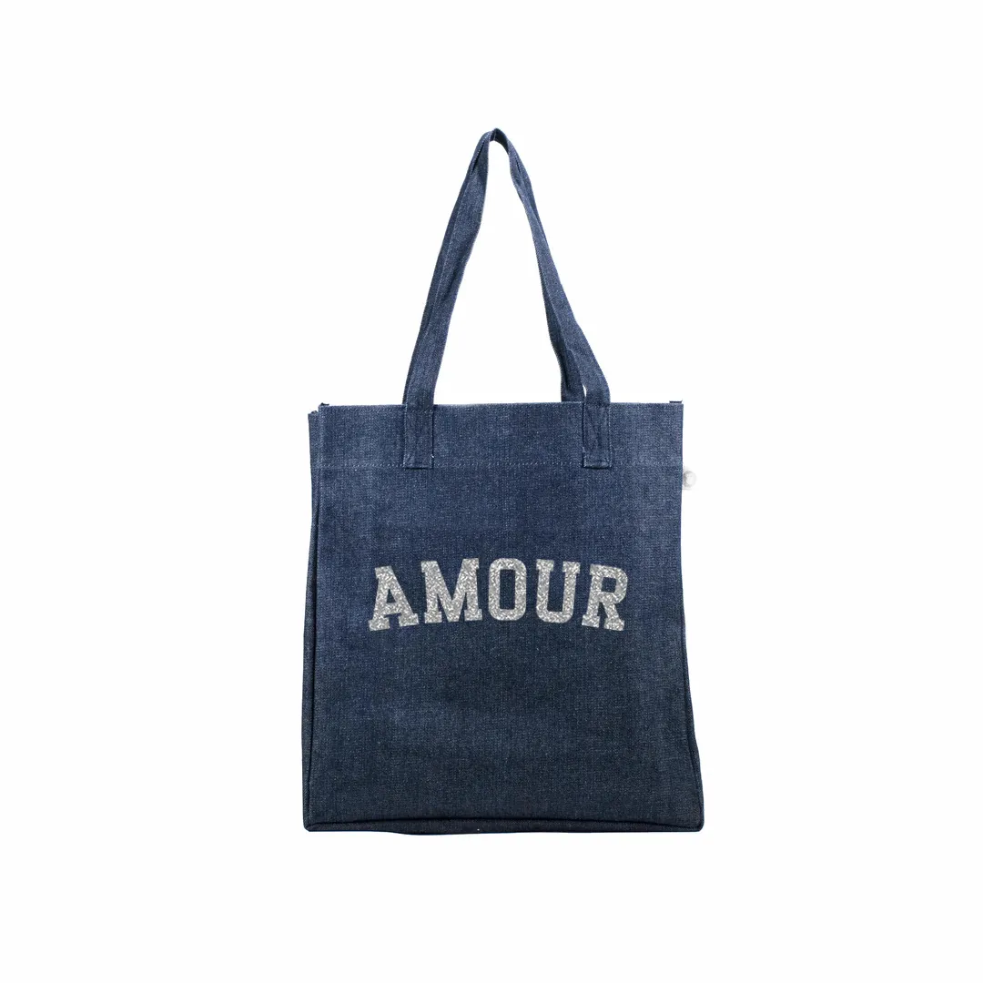 Denim Upright Bag with Silver Glitter AMOUR