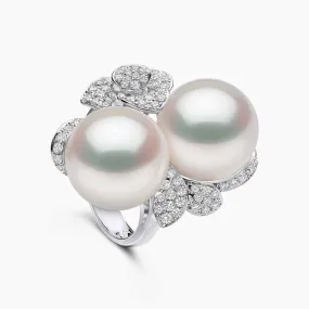 Duchess 18K Gold Double South Sea Pearl and Floral Diamond Ring