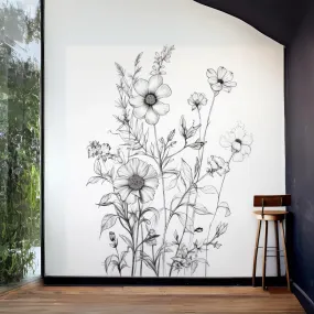 Elegant Monochrome Botanical Wall Sticker - Black Detailed Floral and Foliage Illustration Decal for Sophisticated Decor