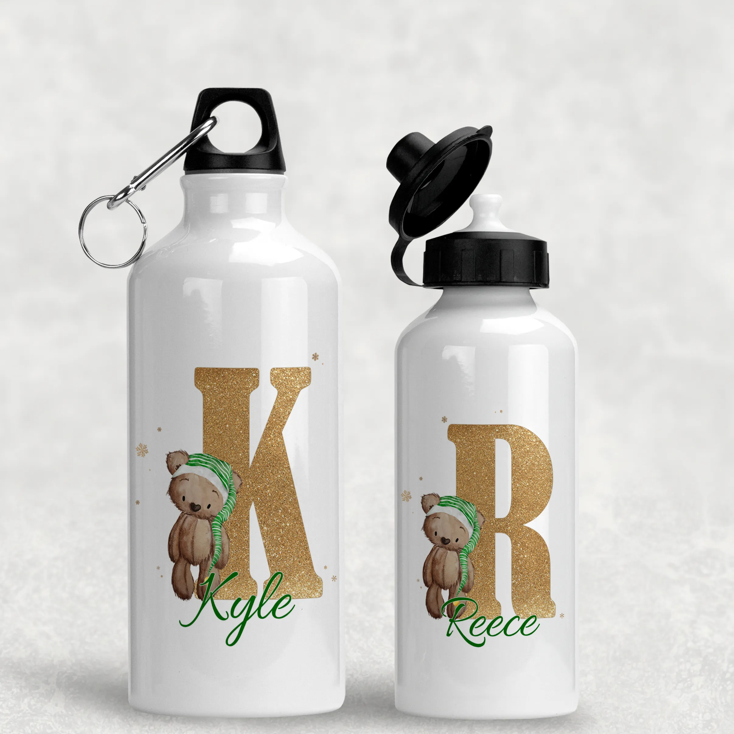 Elf Bear Alphabet Christmas Personalised Aluminium Water Bottle 400/600ml