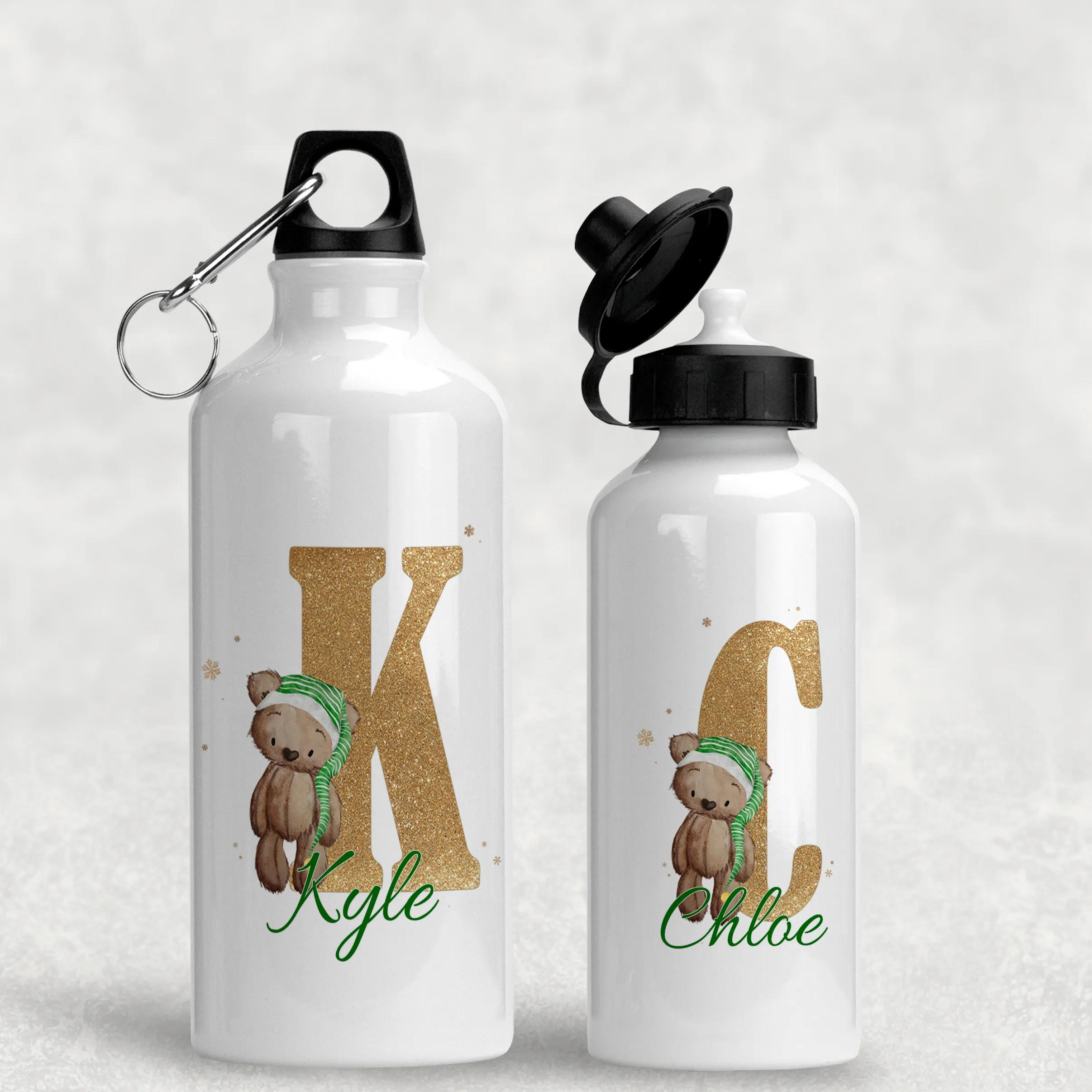 Elf Bear Alphabet Christmas Personalised Aluminium Water Bottle 400/600ml