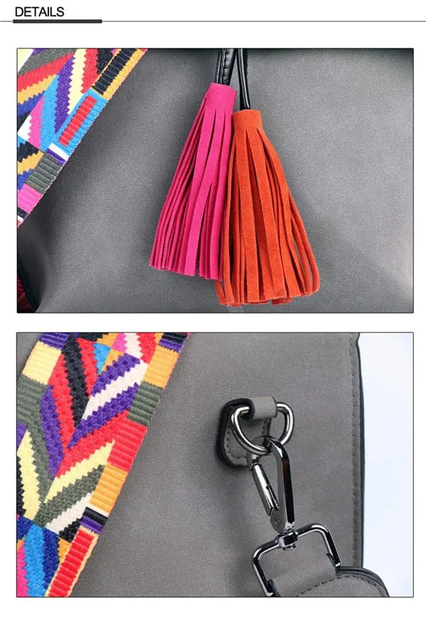 Female Stylish Tassel Trim Scrub PU Crossbody Bags With Colorful Strap