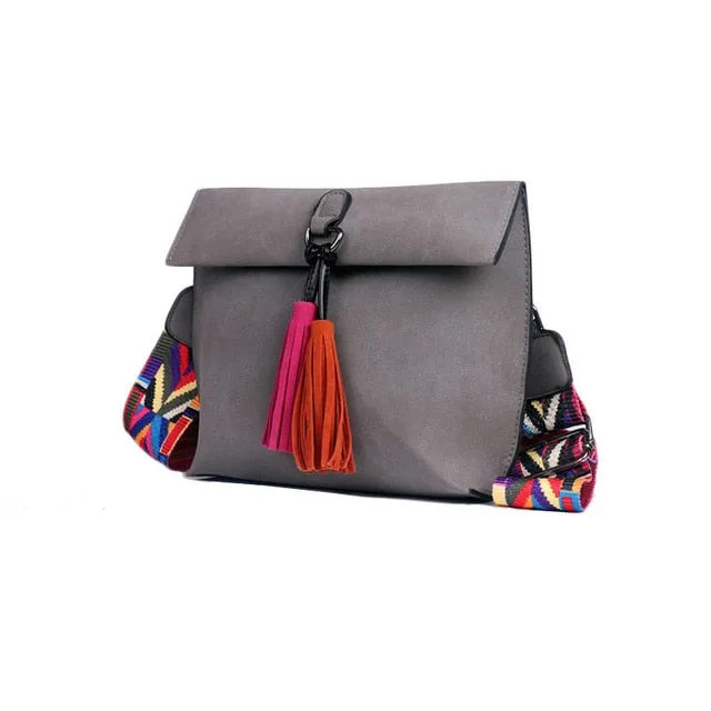 Female Stylish Tassel Trim Scrub PU Crossbody Bags With Colorful Strap