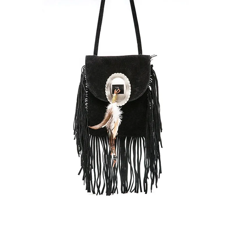 Fringe Crossbody Bag Vegan Suede Leather With Concho And Feathers Boho Messenger Bag Choose Brown Black Or Gray Wear Your Purse As A Cute Accessory!