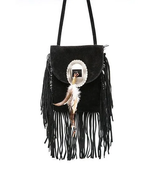 Fringe Crossbody Bag Vegan Suede Leather With Concho And Feathers Boho Messenger Bag Choose Brown Black Or Gray Wear Your Purse As A Cute Accessory!