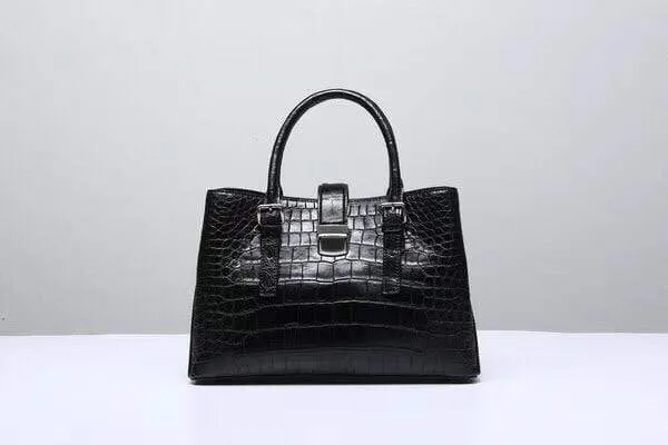 Genuine Crocodile  Leather Top Handle Tote With Crossbody Strap Black