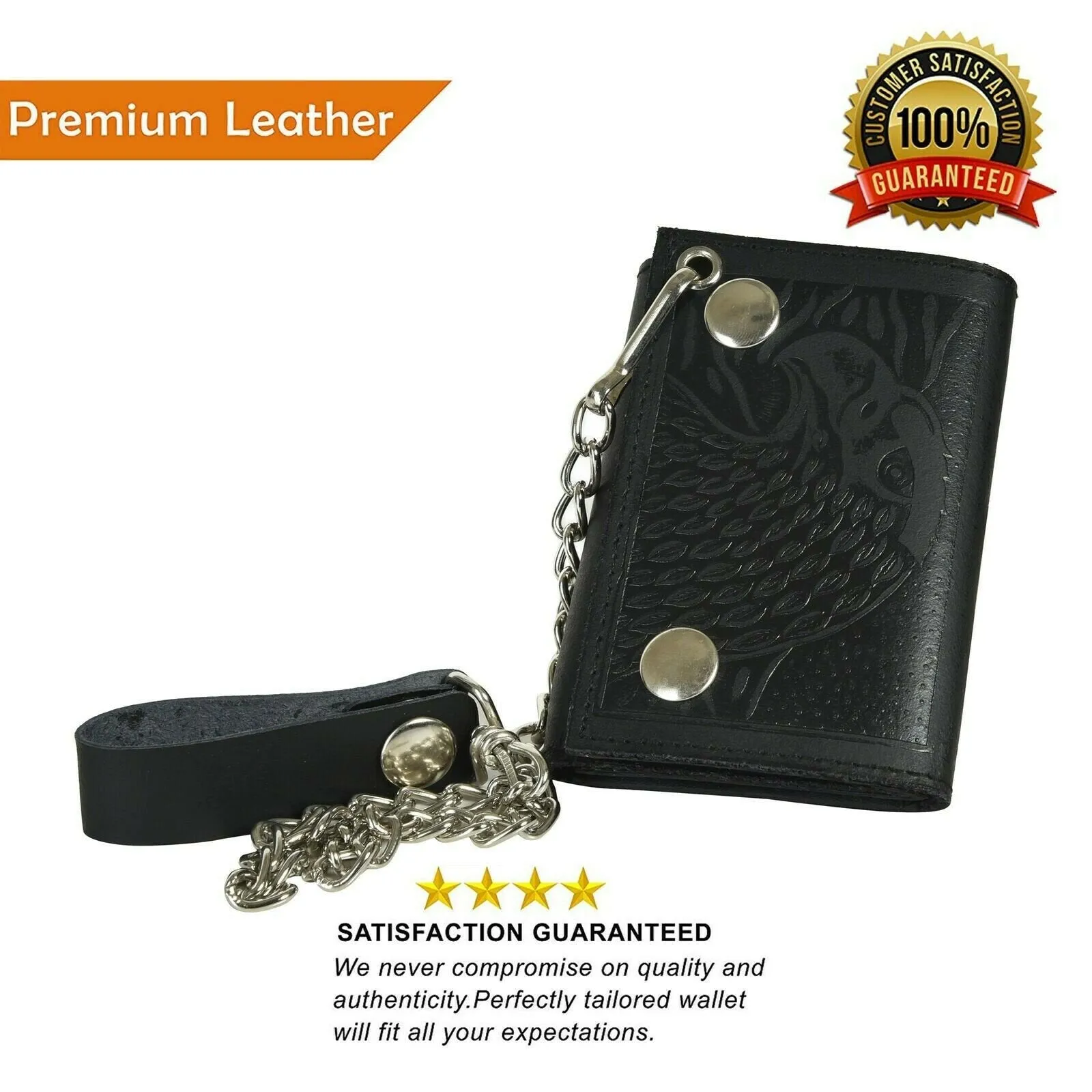 Genuine Leather Men EAGLE Trifold Wallet Chain Biker Trucker, Black