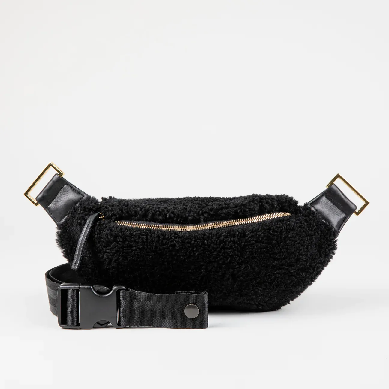 Genuine Shearling Fanny Pack   Crossbody Bag | Black   Gold Hardware