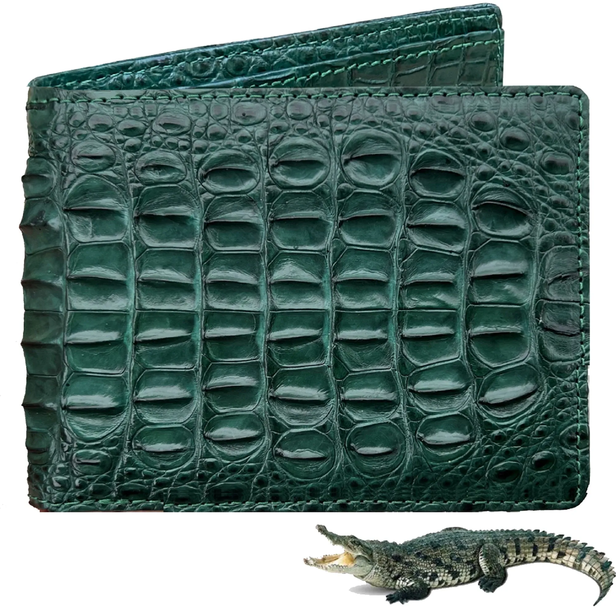 Green Double Side Alligator Hornback Leather Bifold Wallet For Men | Handmade Crocodile Wallet RFID Blocking | VINAM-110