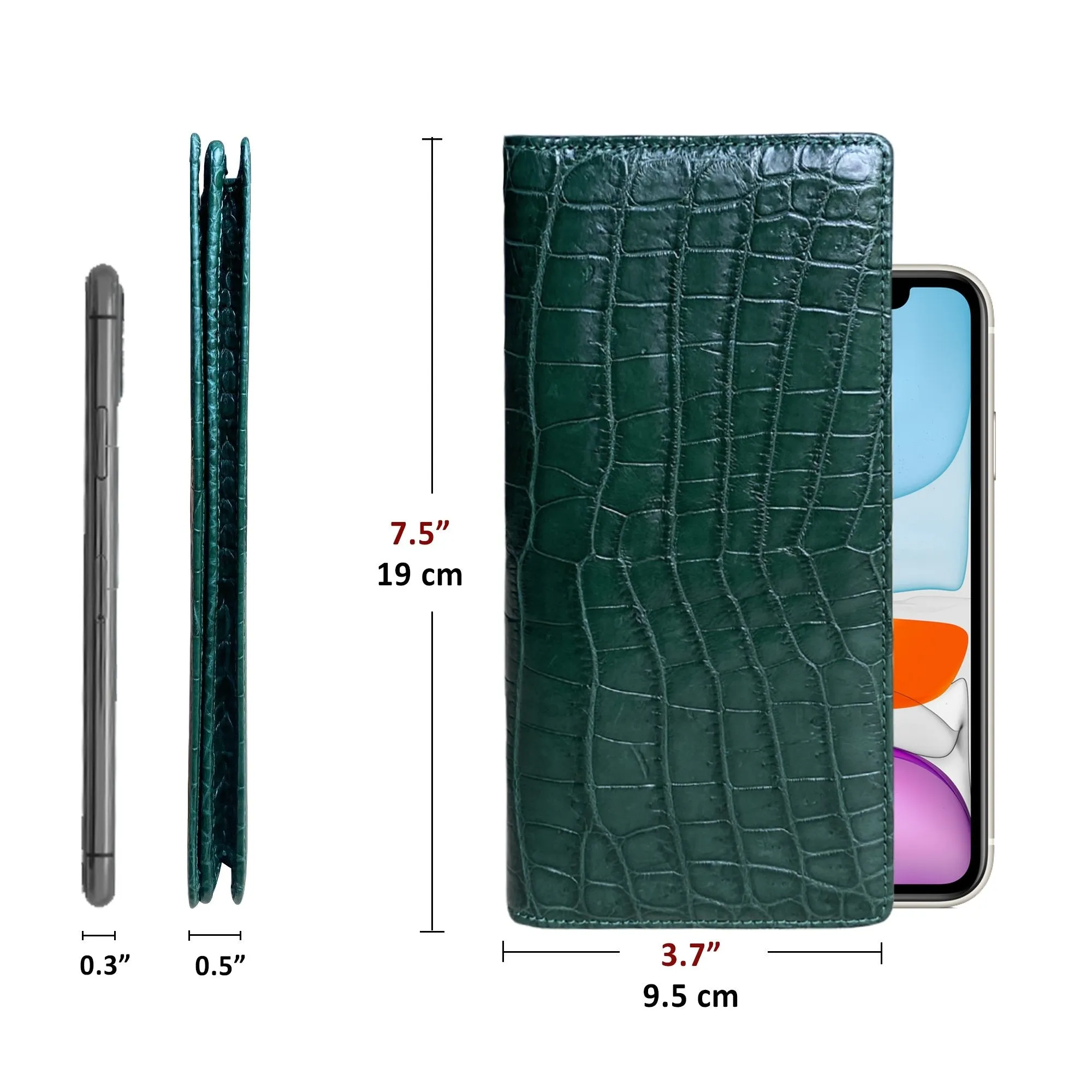 Green Double Side Alligator Long Wallet For Men | Premium Crocodile Leather Checkbook RFID Blocking | LON88-CS