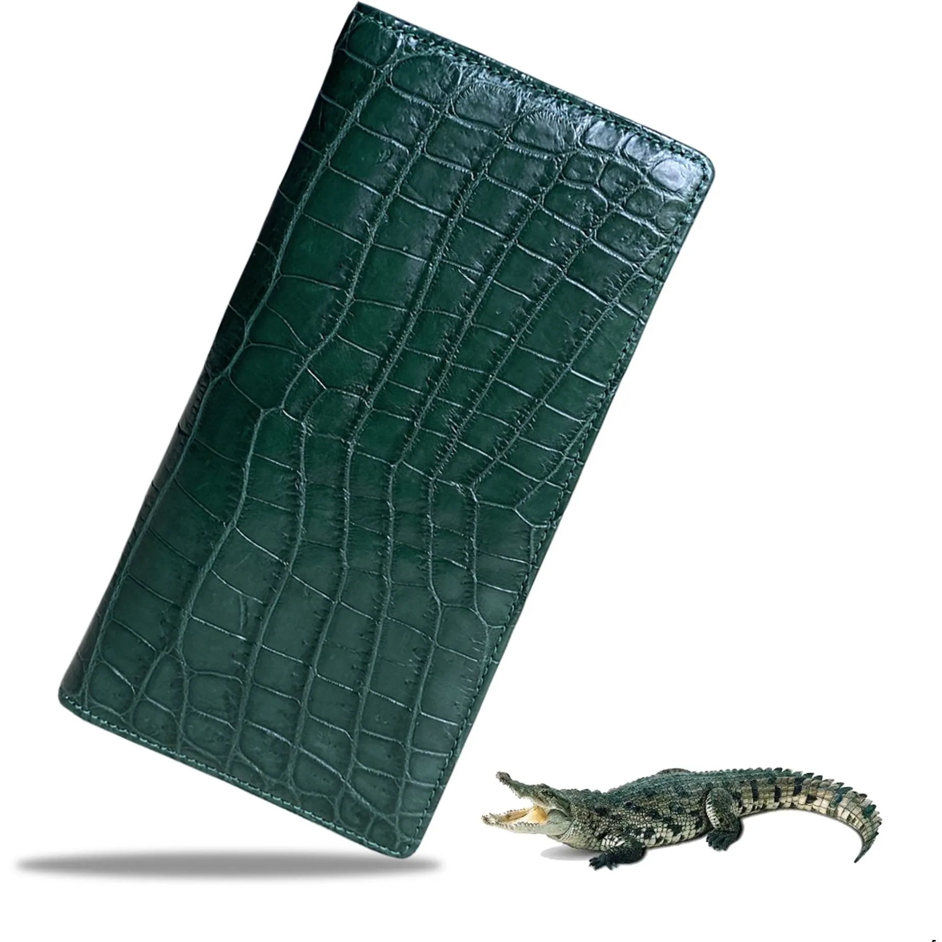 Green Double Side Alligator Long Wallet For Men | Premium Crocodile Leather Checkbook RFID Blocking | LON88-CS