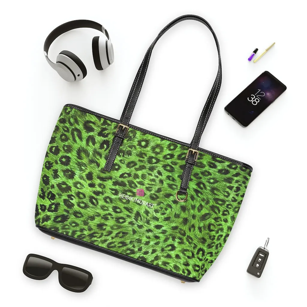 Green Leopard Best Tote Bag, Animal Print PU Leather Shoulder Hand Work Bag 17"x11"/ 16"x10"