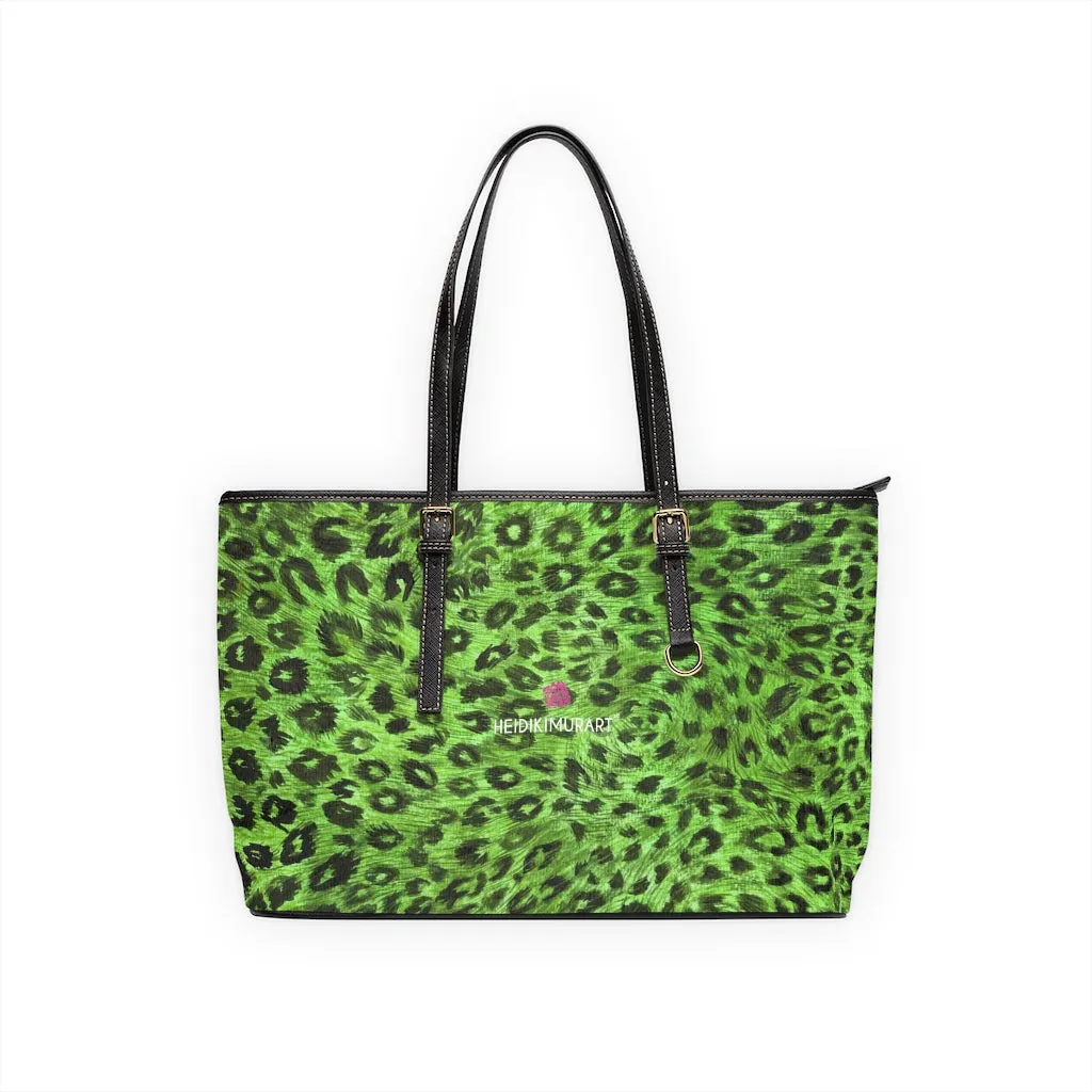 Green Leopard Best Tote Bag, Animal Print PU Leather Shoulder Hand Work Bag 17"x11"/ 16"x10"