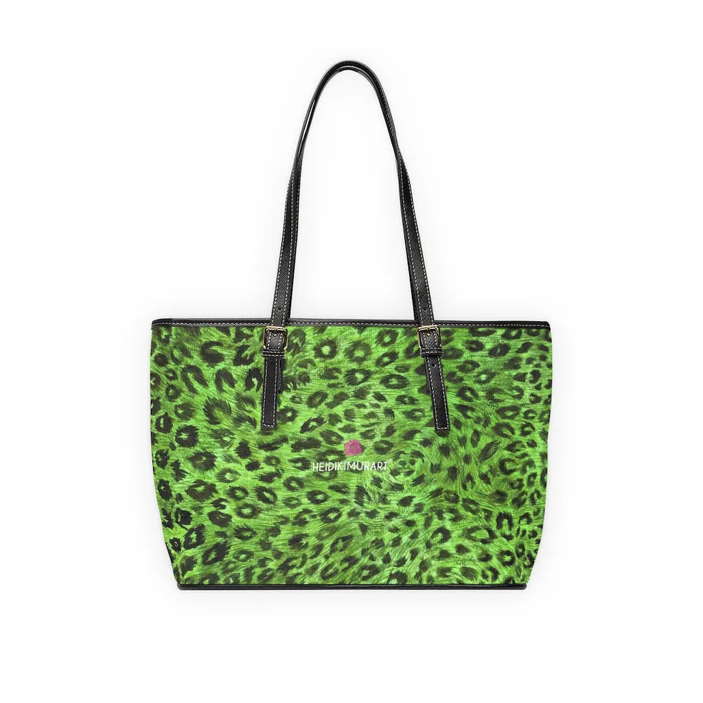 Green Leopard Best Tote Bag, Animal Print PU Leather Shoulder Hand Work Bag 17"x11"/ 16"x10"