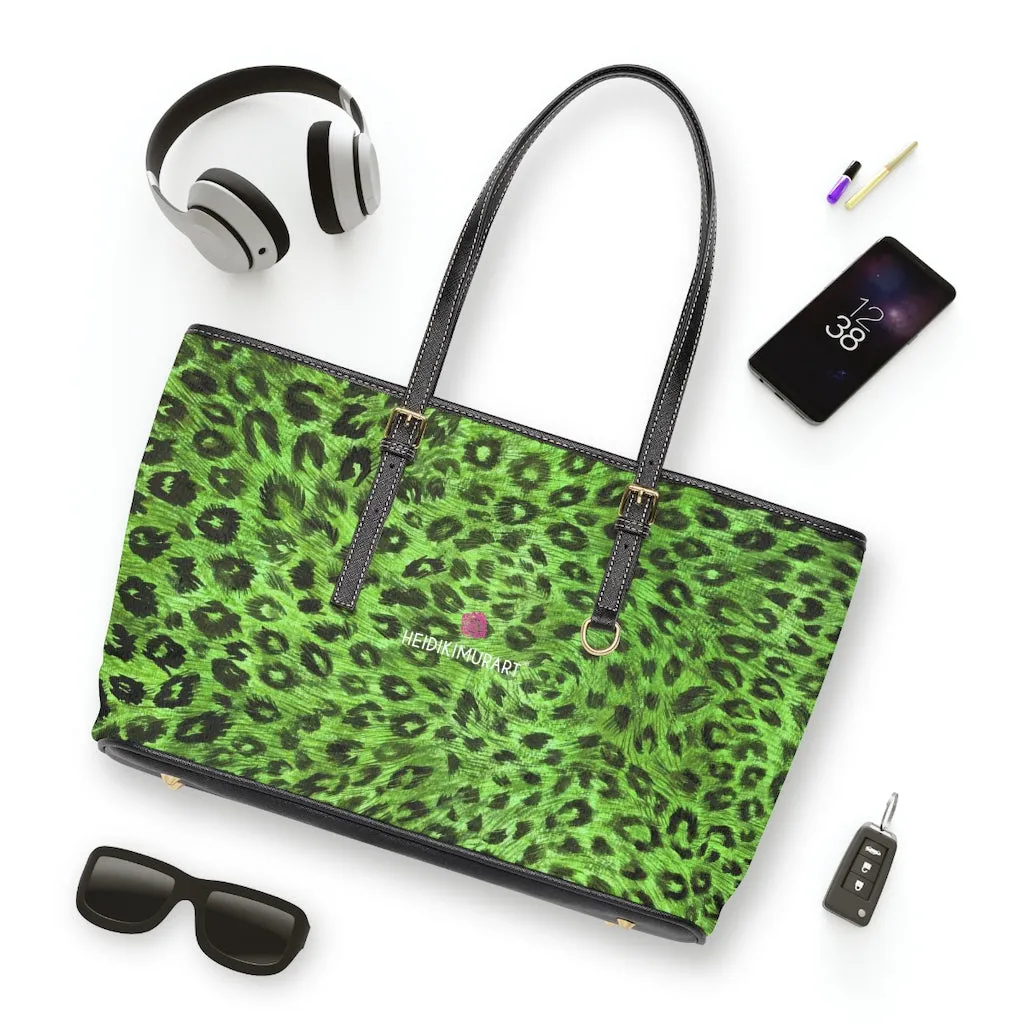 Green Leopard Best Tote Bag, Animal Print PU Leather Shoulder Hand Work Bag 17"x11"/ 16"x10"