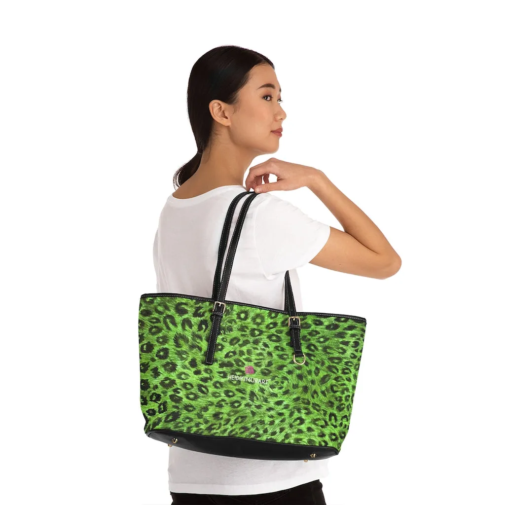 Green Leopard Best Tote Bag, Animal Print PU Leather Shoulder Hand Work Bag 17"x11"/ 16"x10"