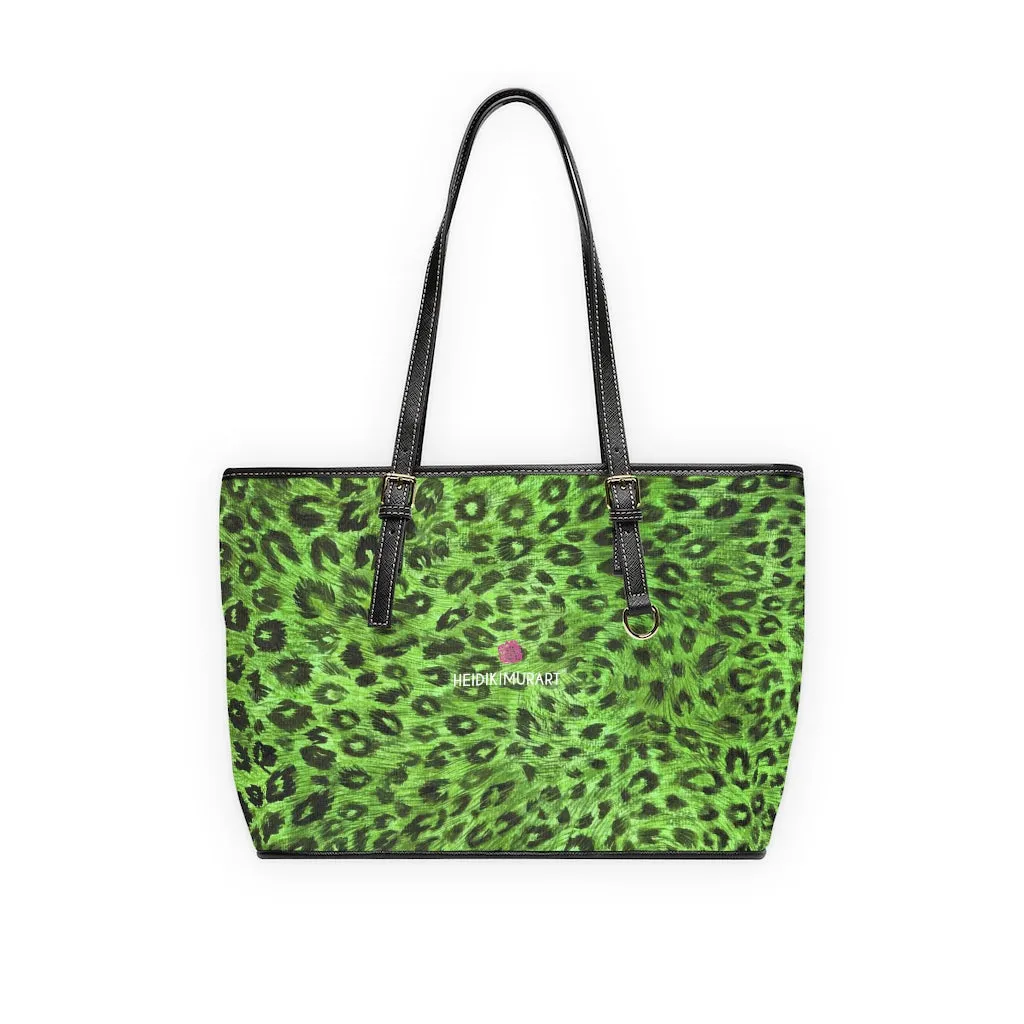 Green Leopard Best Tote Bag, Animal Print PU Leather Shoulder Hand Work Bag 17"x11"/ 16"x10"