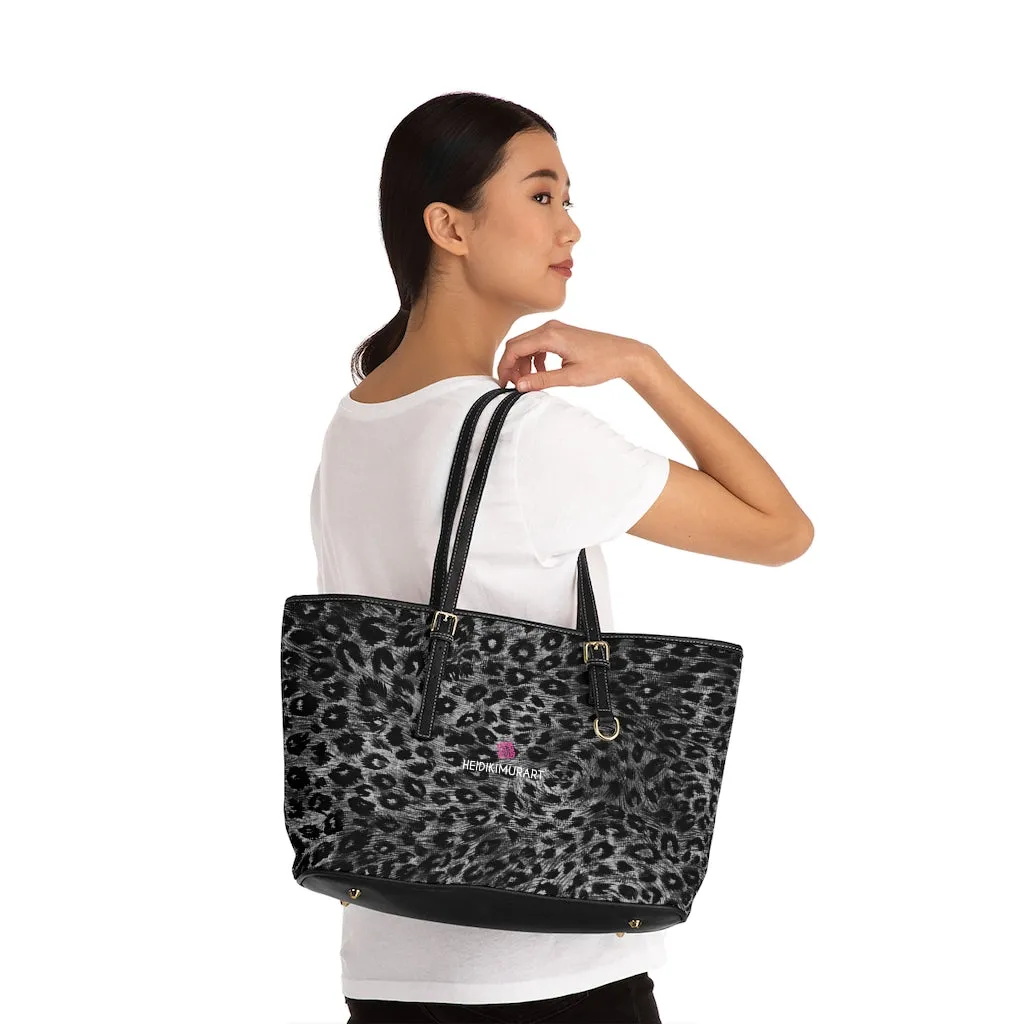 Grey Leopard Best Tote Bag, Animal Print PU Leather Shoulder Hand Work Bag 17"x11"/ 16"x10"