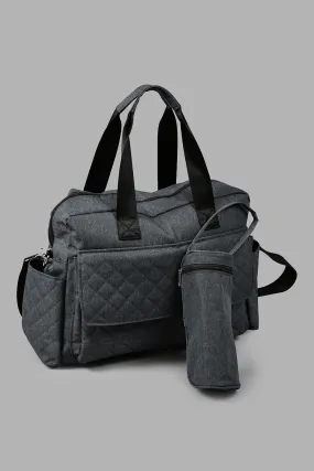 Grey Quilted Diaper Bag With Bottle Holder (2 Piece)