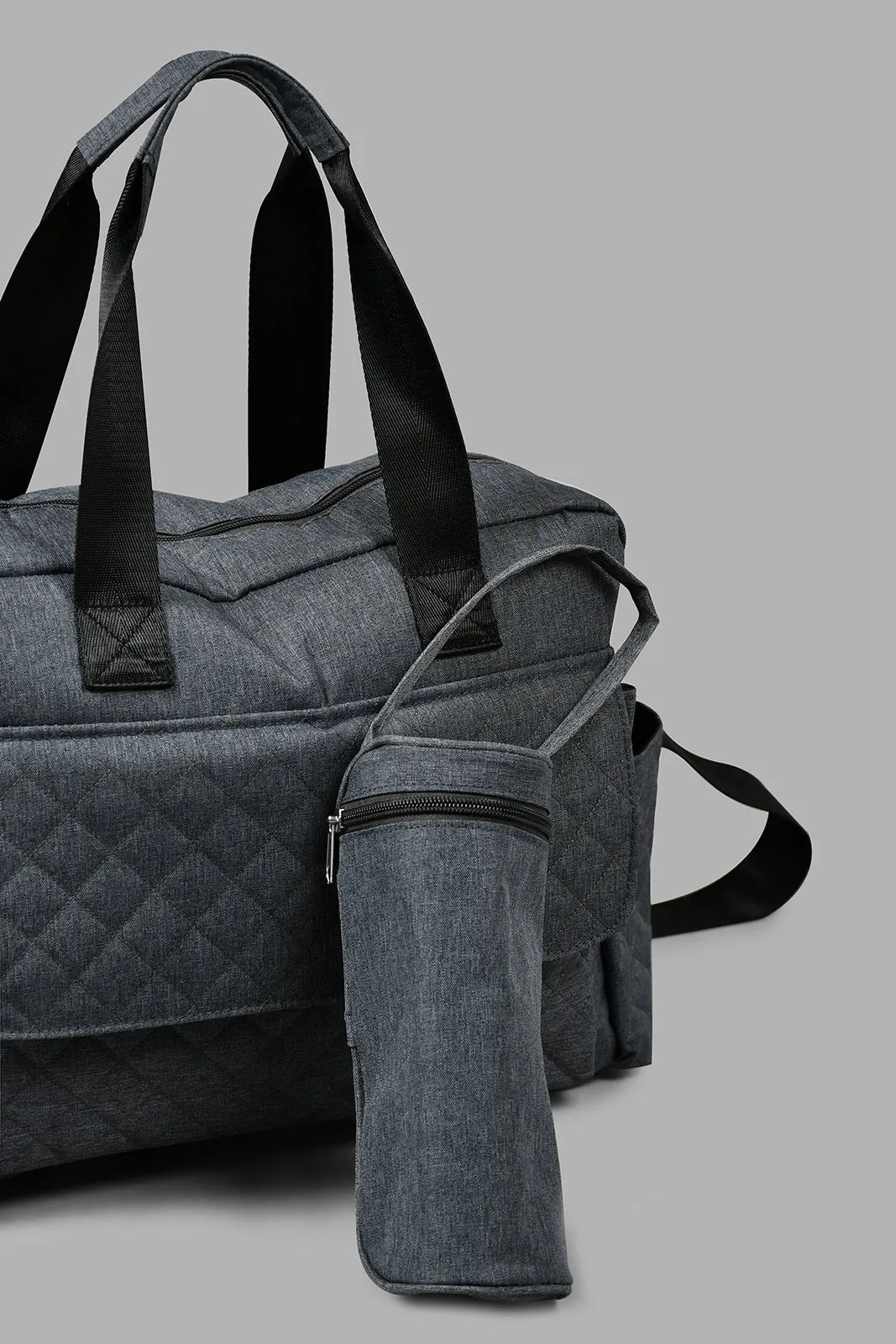 Grey Quilted Diaper Bag With Bottle Holder (2 Piece)