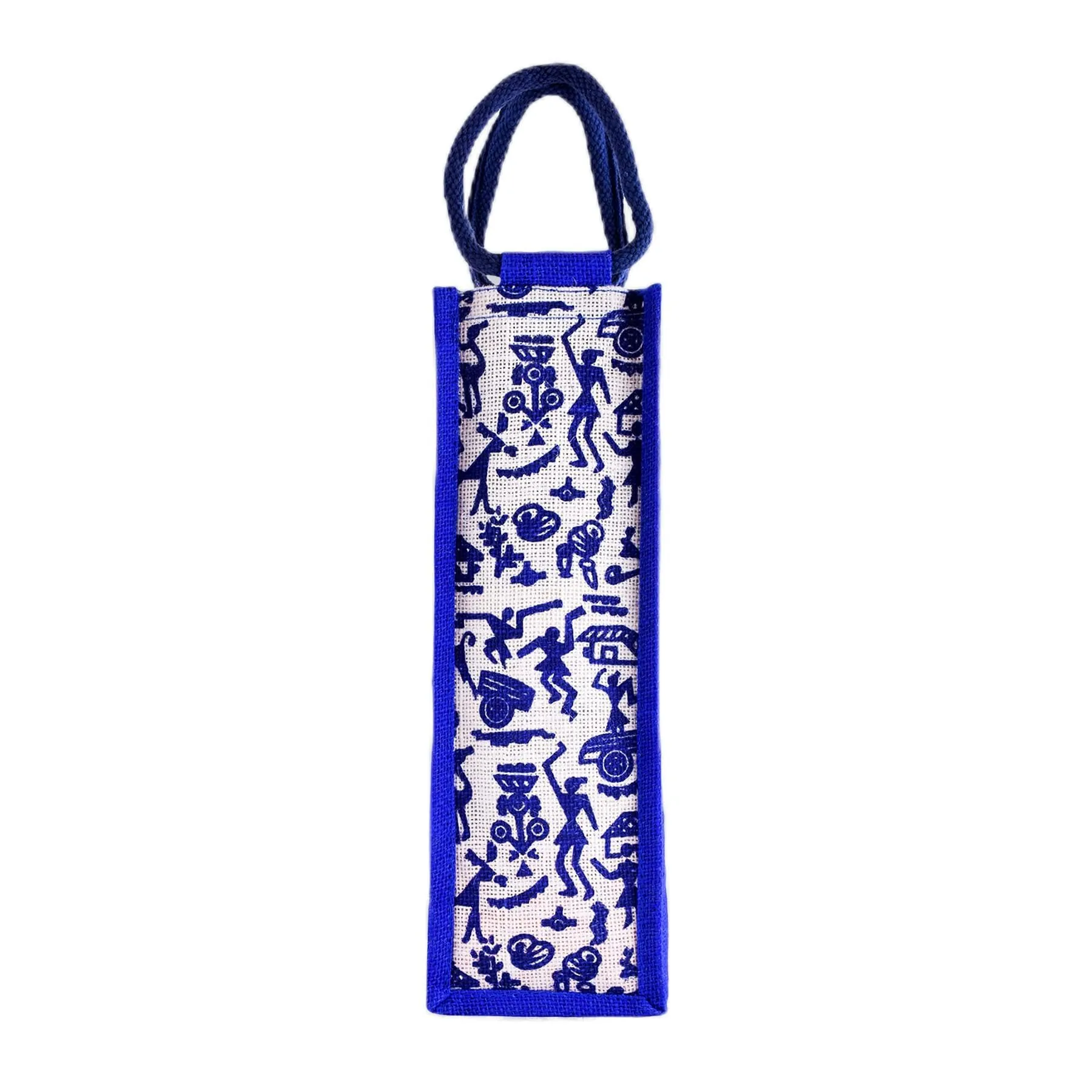 Heart Home Bottle Bag | Jute Carry Bag | Water Bottle Cover | Wine Bottle Bag | Reusable Bottle Bag with Handle | Bottle Bag for Office | Warli-Print Gift Bag | Blue