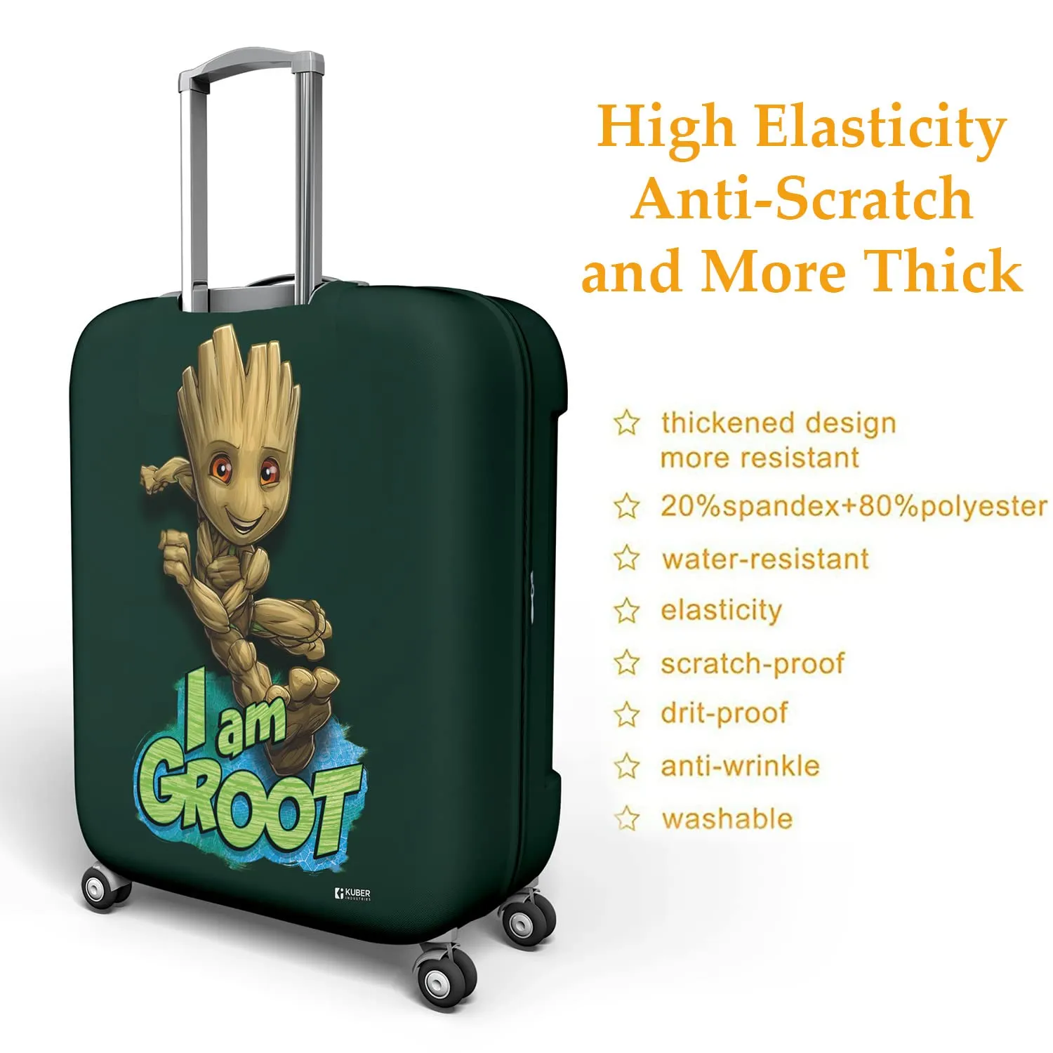 Heart Home Marvel I Am Groot Luggage Cover | Polyester Travel Suitcase Cover | Washable | Stretchable Suitcase Protector | 26-30 Inch | Large | Green