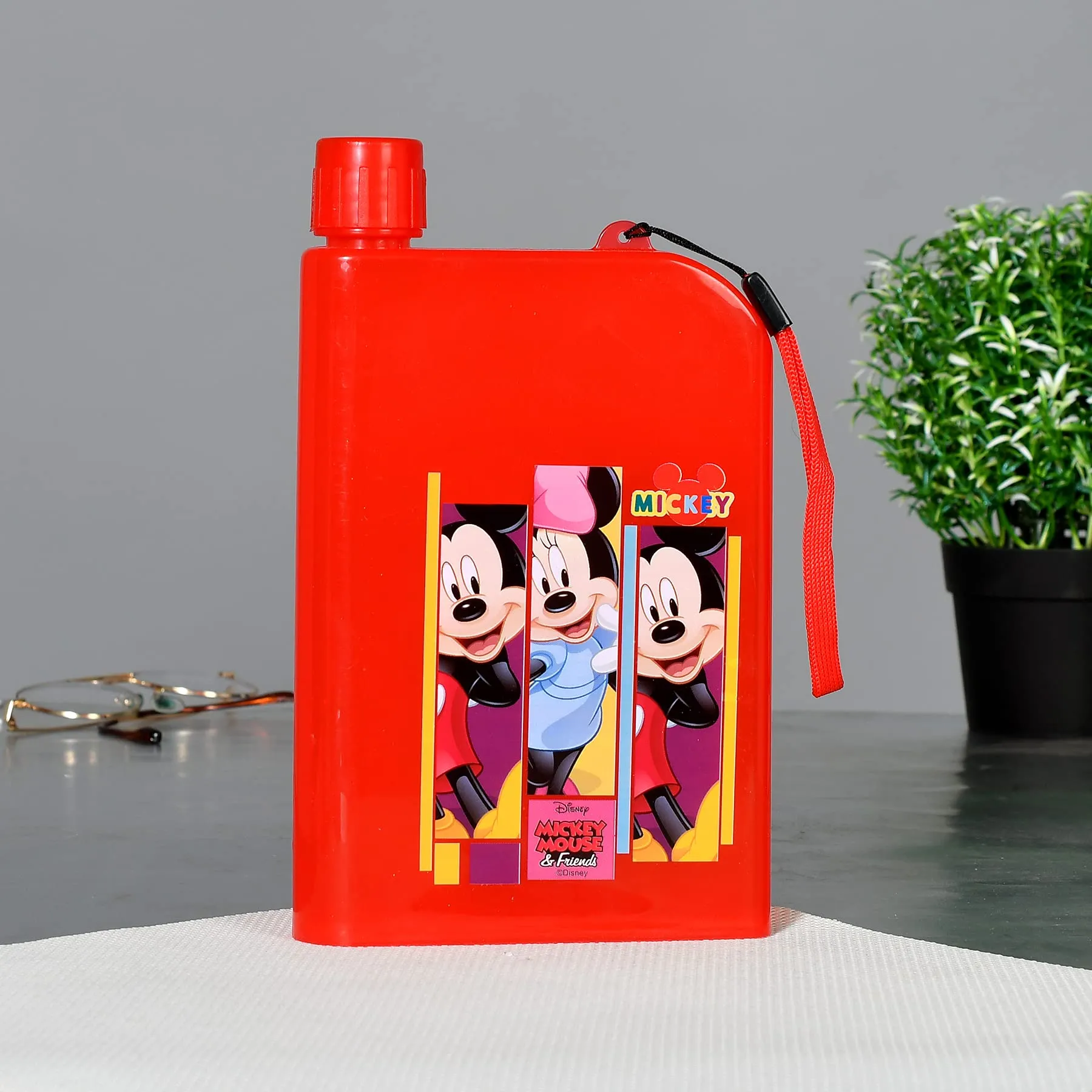 Heart Home Mickey Printed Lightweight,Portable Plastic Notebook Water Bottle For School Activity Outdoor Sports-700ml, Pack of 3 (Red)