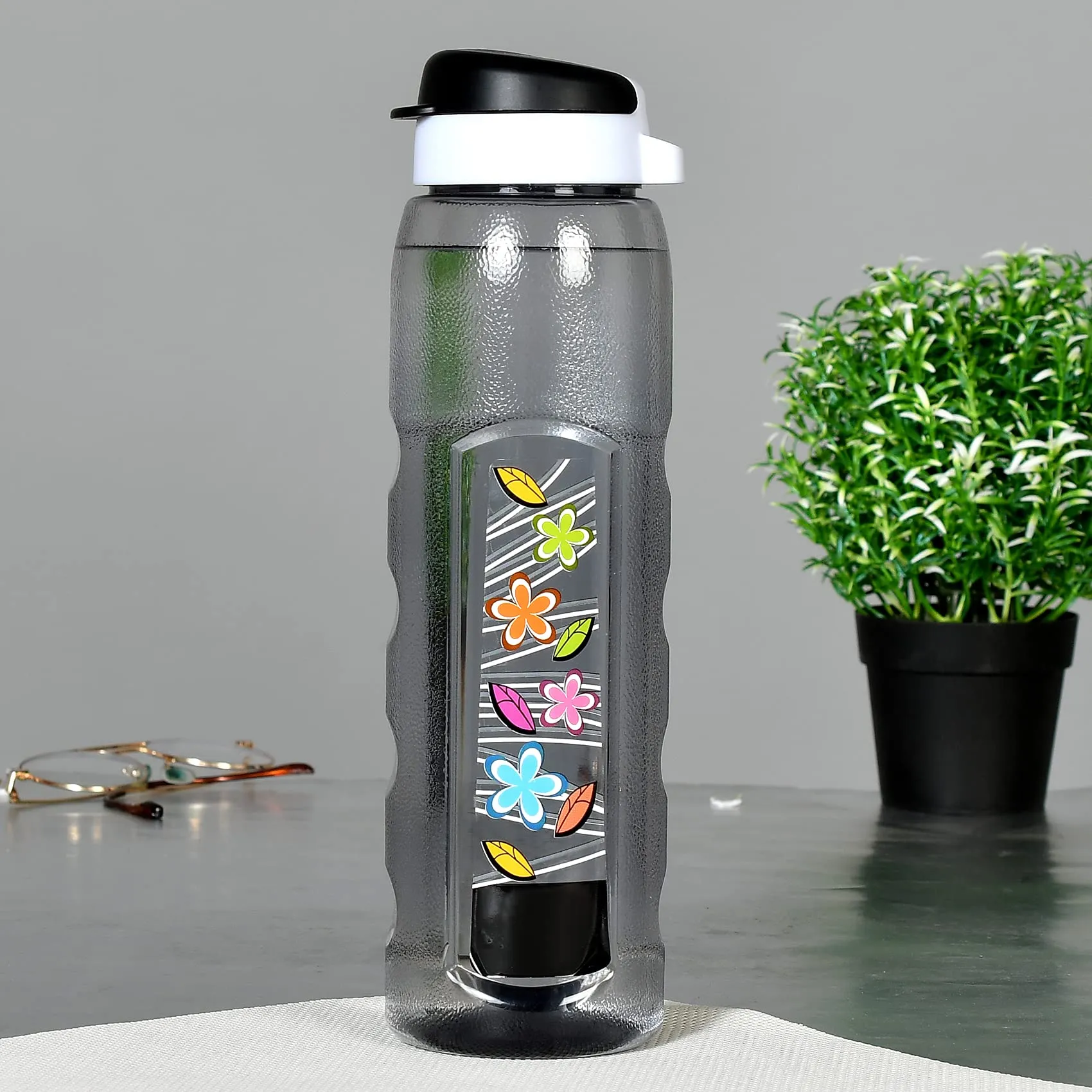 Heart Home Plastic Water Bottle With Sipper- 1 Litre, Pack of 4 (Black)