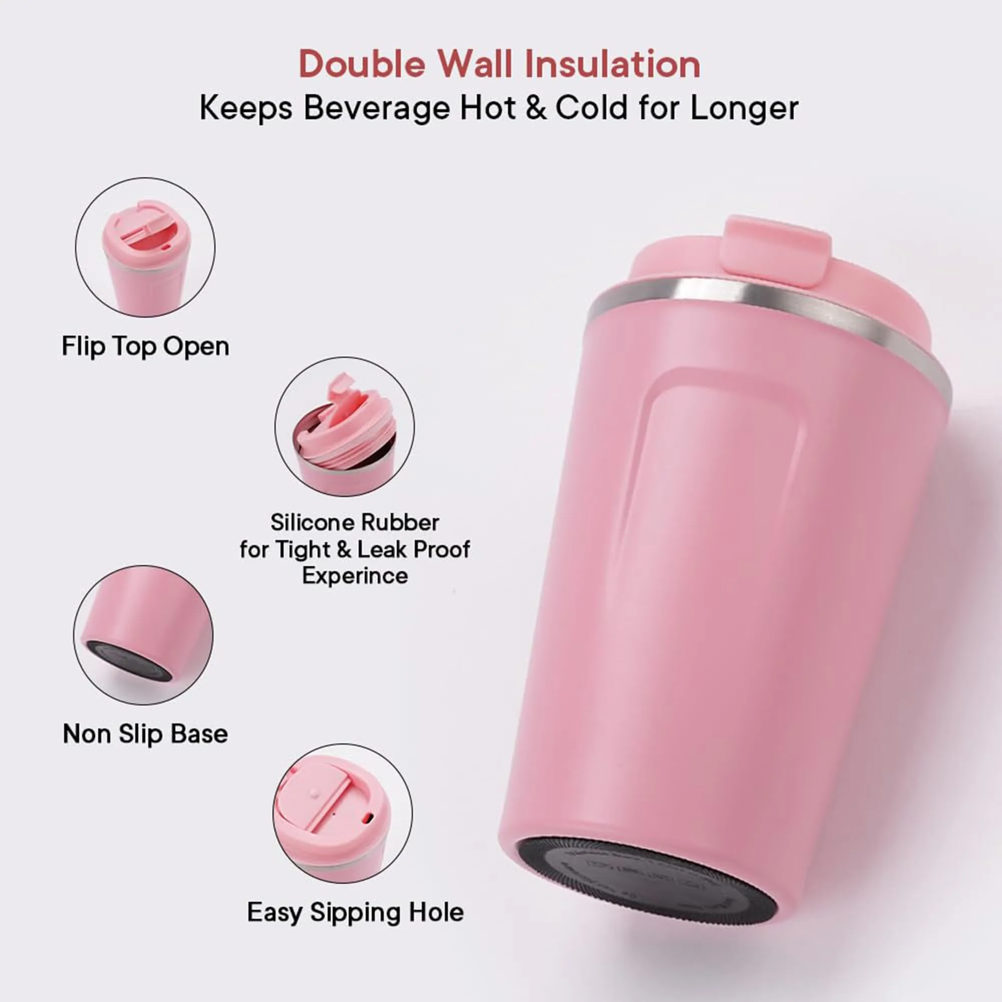 Homestic Insulated Coffee Tumbler Mug with Lid for Office, Gym & Travel | Stainless Steel Leak-Proof Thermos for Tea/Coffee/Water - Ideal for Hot & Cold Beverages | CO230204C-Pink