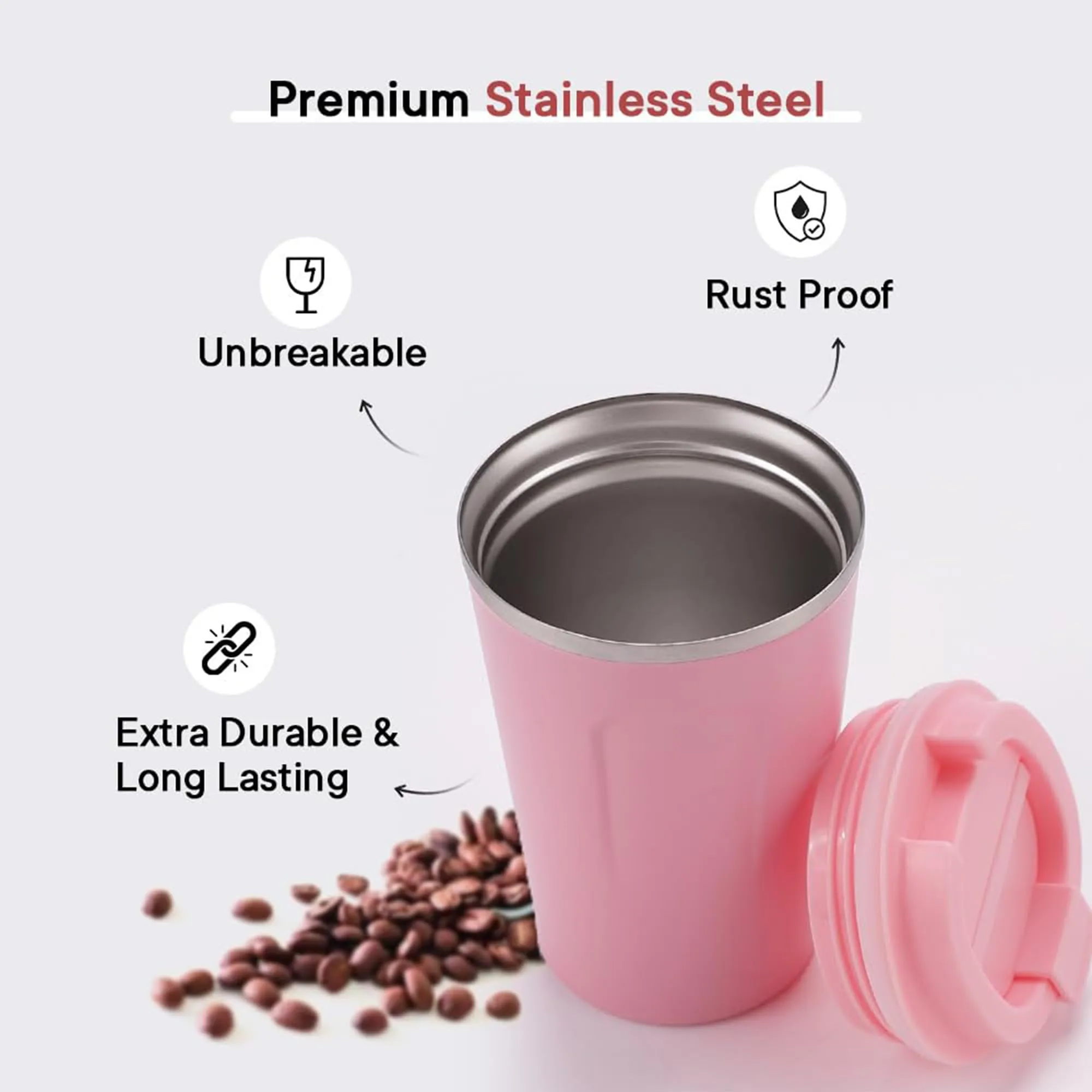 Homestic Insulated Coffee Tumbler Mug with Lid for Office, Gym & Travel | Stainless Steel Leak-Proof Thermos for Tea/Coffee/Water - Ideal for Hot & Cold Beverages | CO230204C-Pink