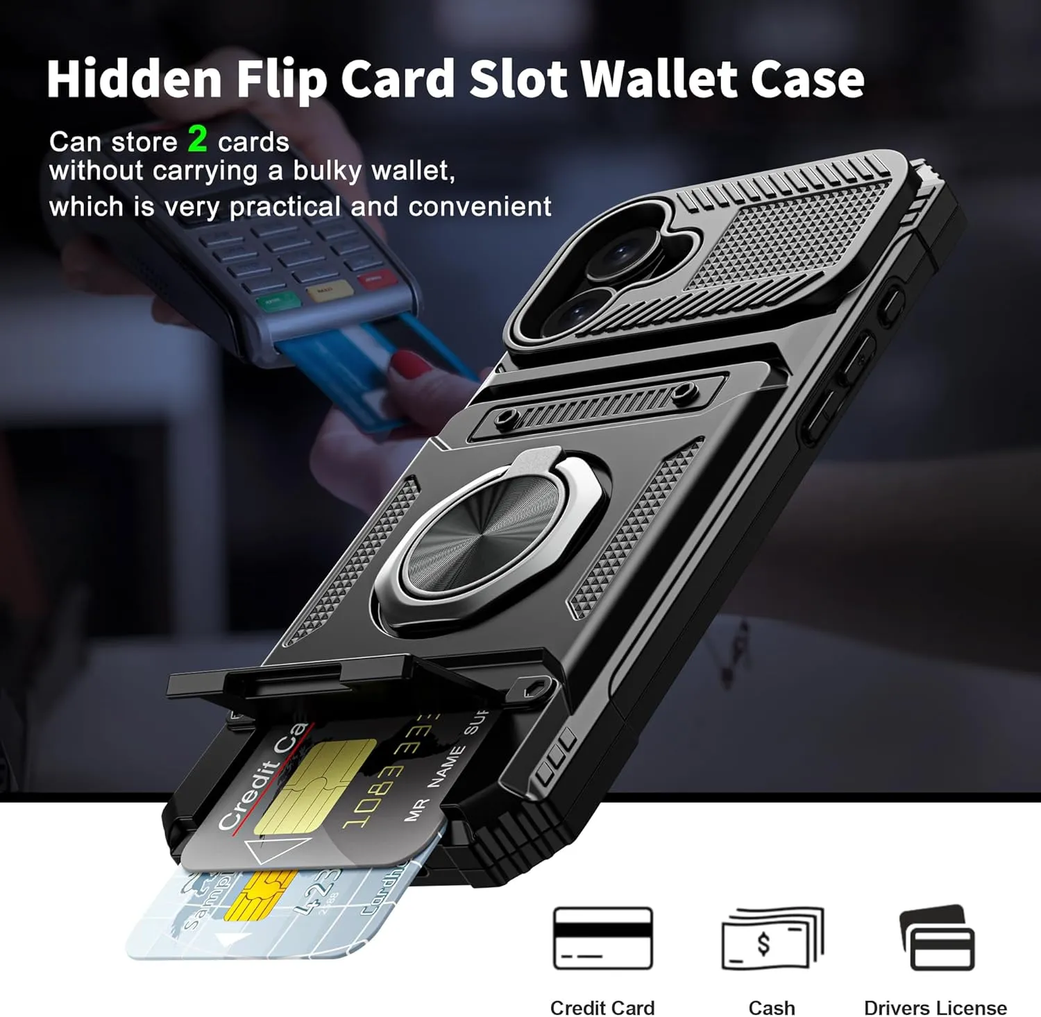 iPhone 16 Wallet Case Card Holder Store 2 Cards 360° Rotated Ring Stand Dual Layer Protection Wallet Phone Case Blue