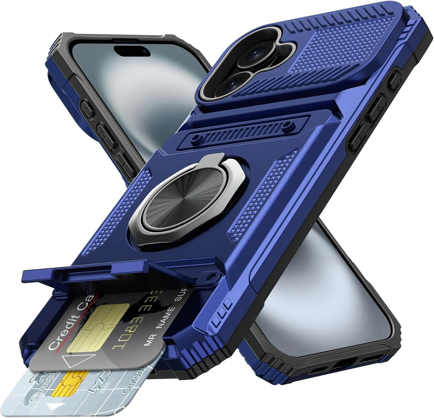 iPhone 16 Wallet Case Card Holder Store 2 Cards 360° Rotated Ring Stand Dual Layer Protection Wallet Phone Case Blue