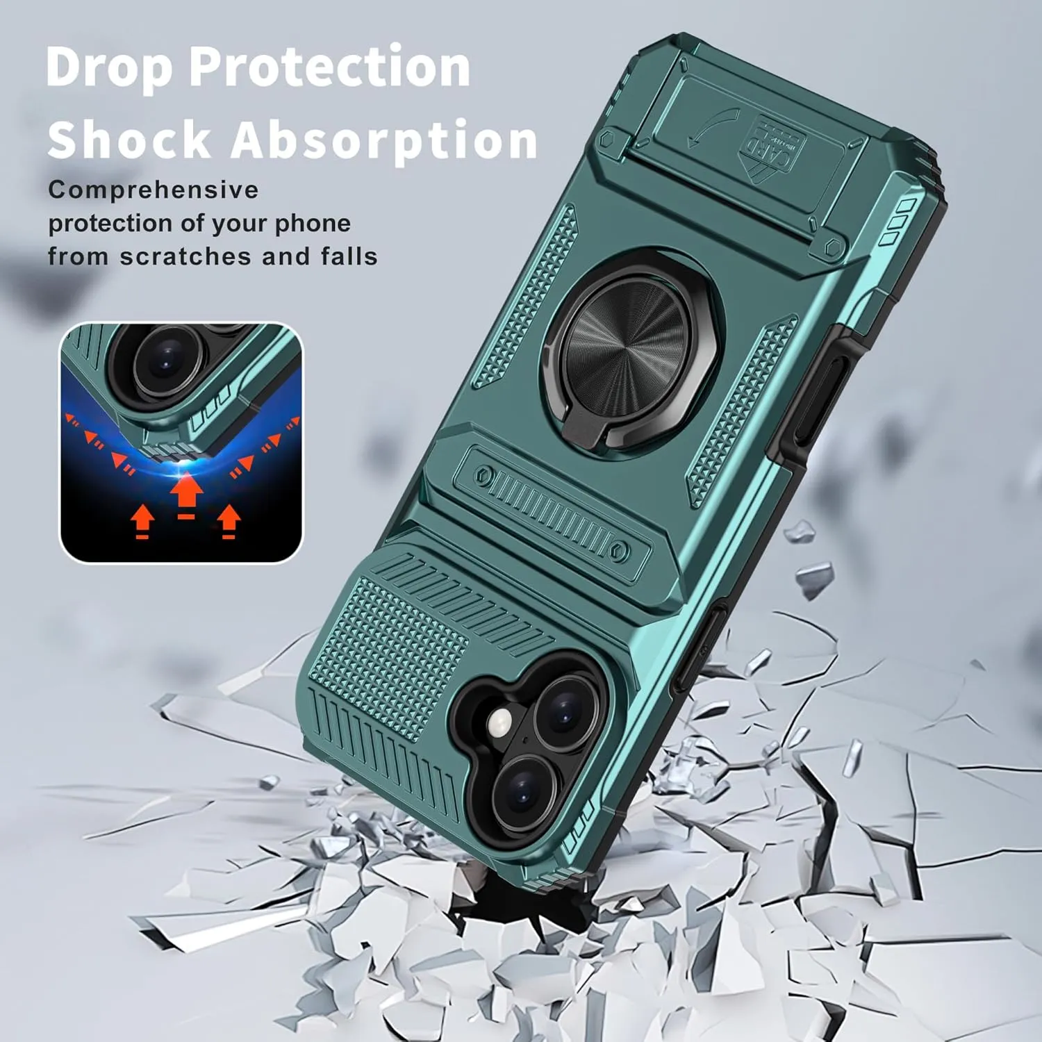 iPhone 16 Wallet Case Card Holder Store 2 Cards 360° Rotated Ring Stand Dual Layer Protection Wallet Phone Case Blue