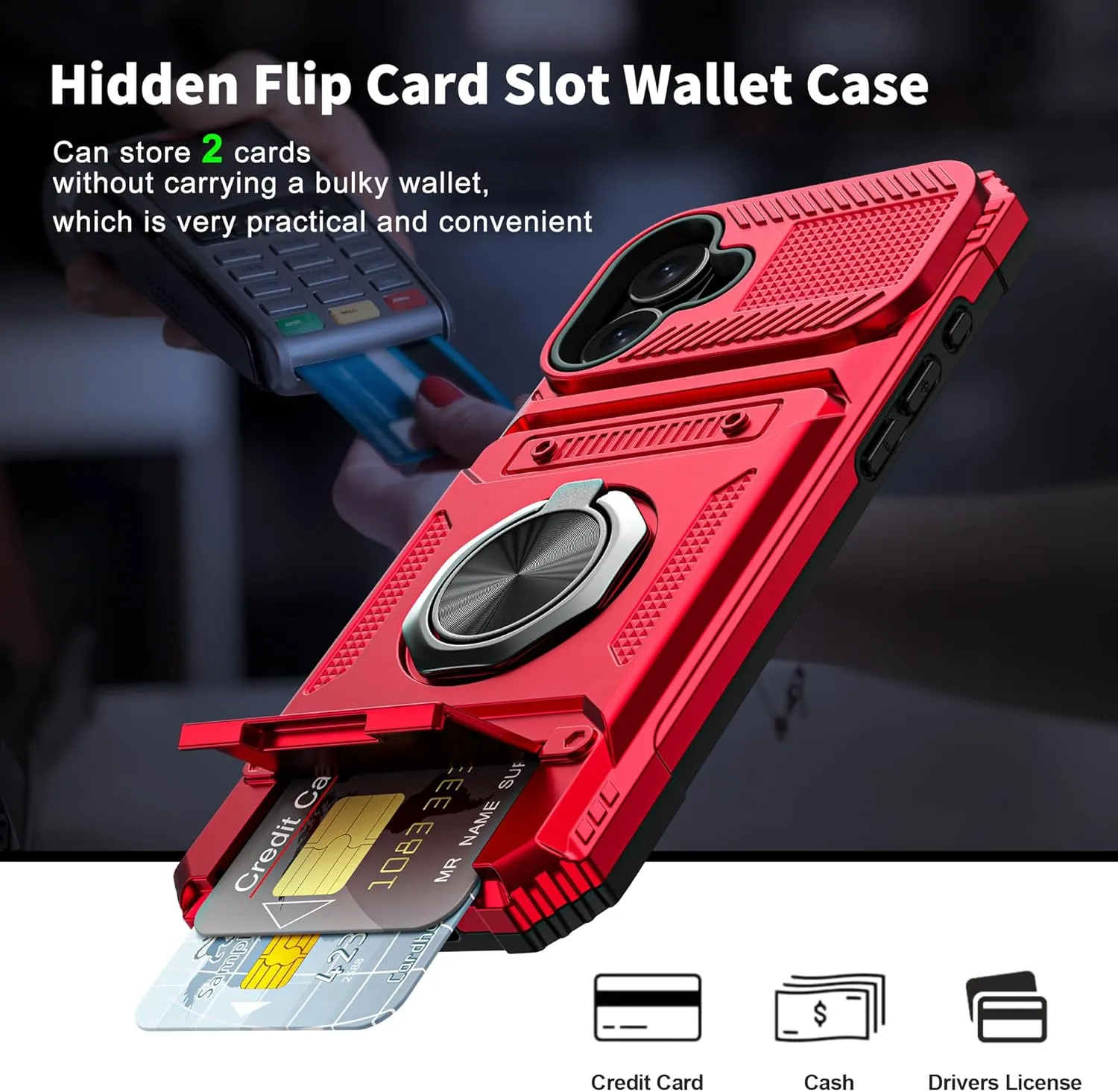 iPhone 16 Wallet Case Card Holder Store 2 Cards 360° Rotated Ring Stand Dual Layer Protection Wallet Phone Case Blue