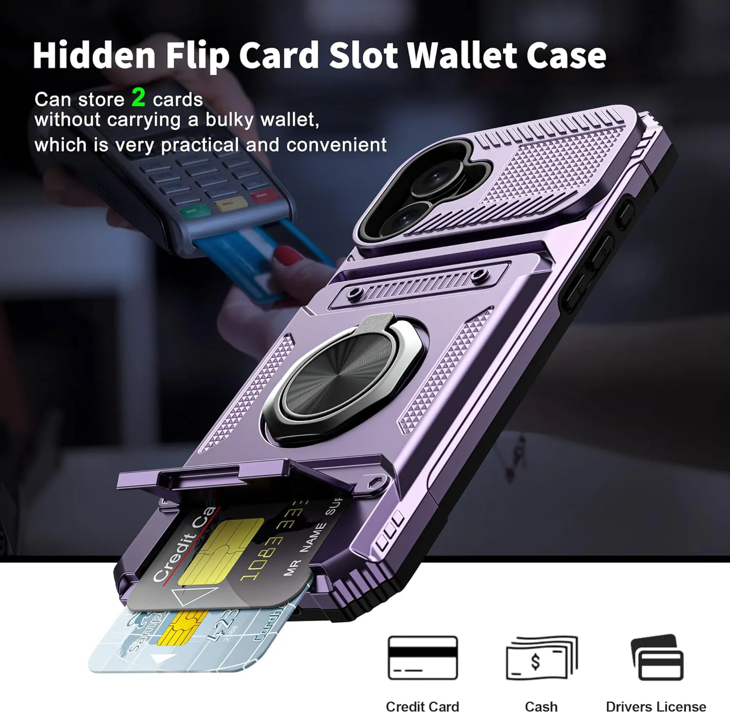 iPhone 16 Wallet Case Card Holder Store 2 Cards 360° Rotated Ring Stand Dual Layer Protection Wallet Phone Case Blue