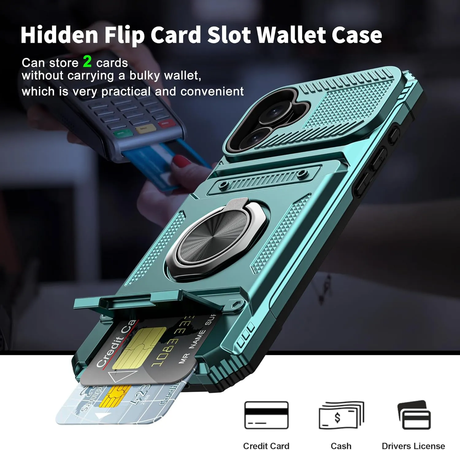 iPhone 16 Wallet Case Card Holder Store 2 Cards 360° Rotated Ring Stand Dual Layer Protection Wallet Phone Case Blue