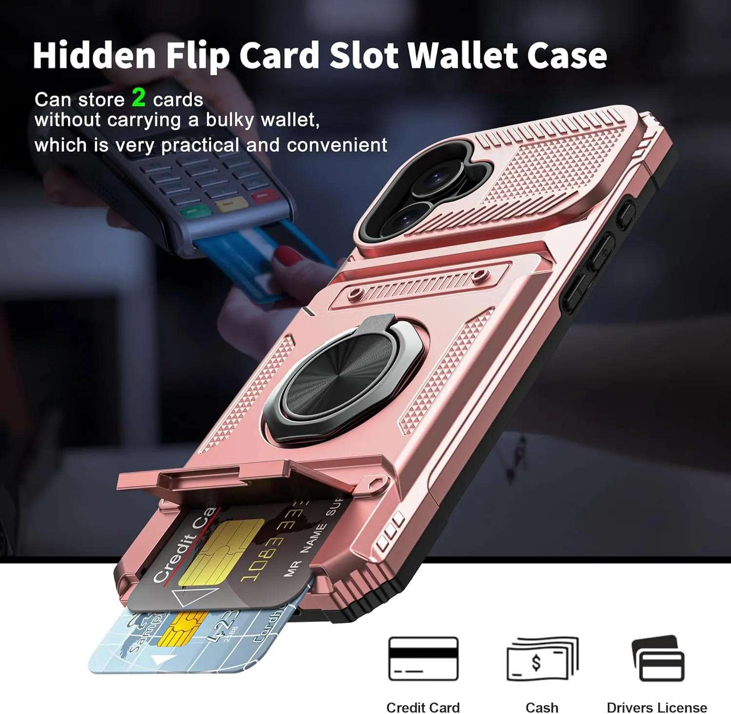 iPhone 16 Wallet Case Card Holder Store 2 Cards 360° Rotated Ring Stand Dual Layer Protection Wallet Phone Case Blue