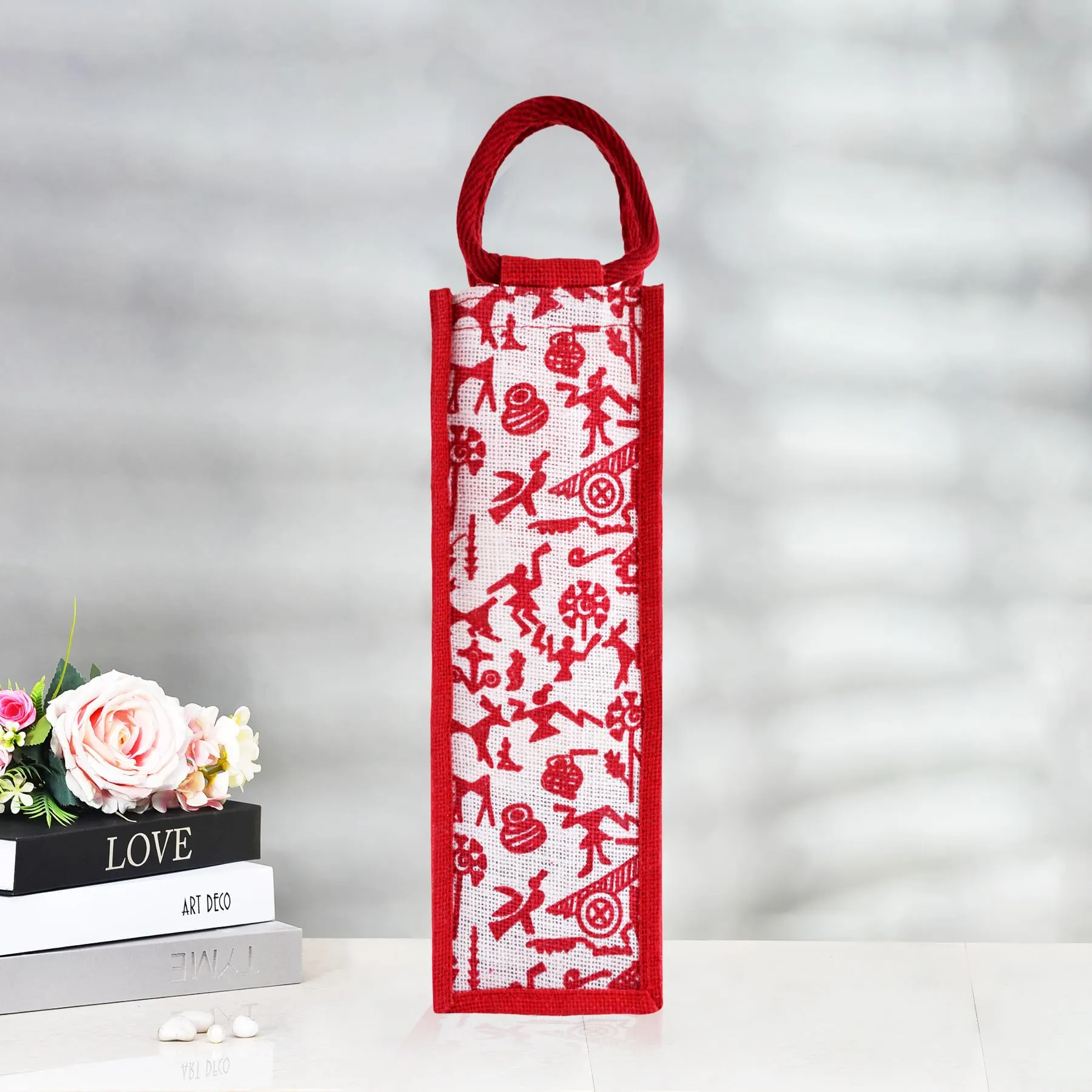 Kuber Industries Bottle Bag | Jute Carry Bag | Water Bottle Cover | Wine Bottle Bag | Reusable Bottle Bag with Handle | Bottle Bag for Office | Warli-Print Gift Bag | Red