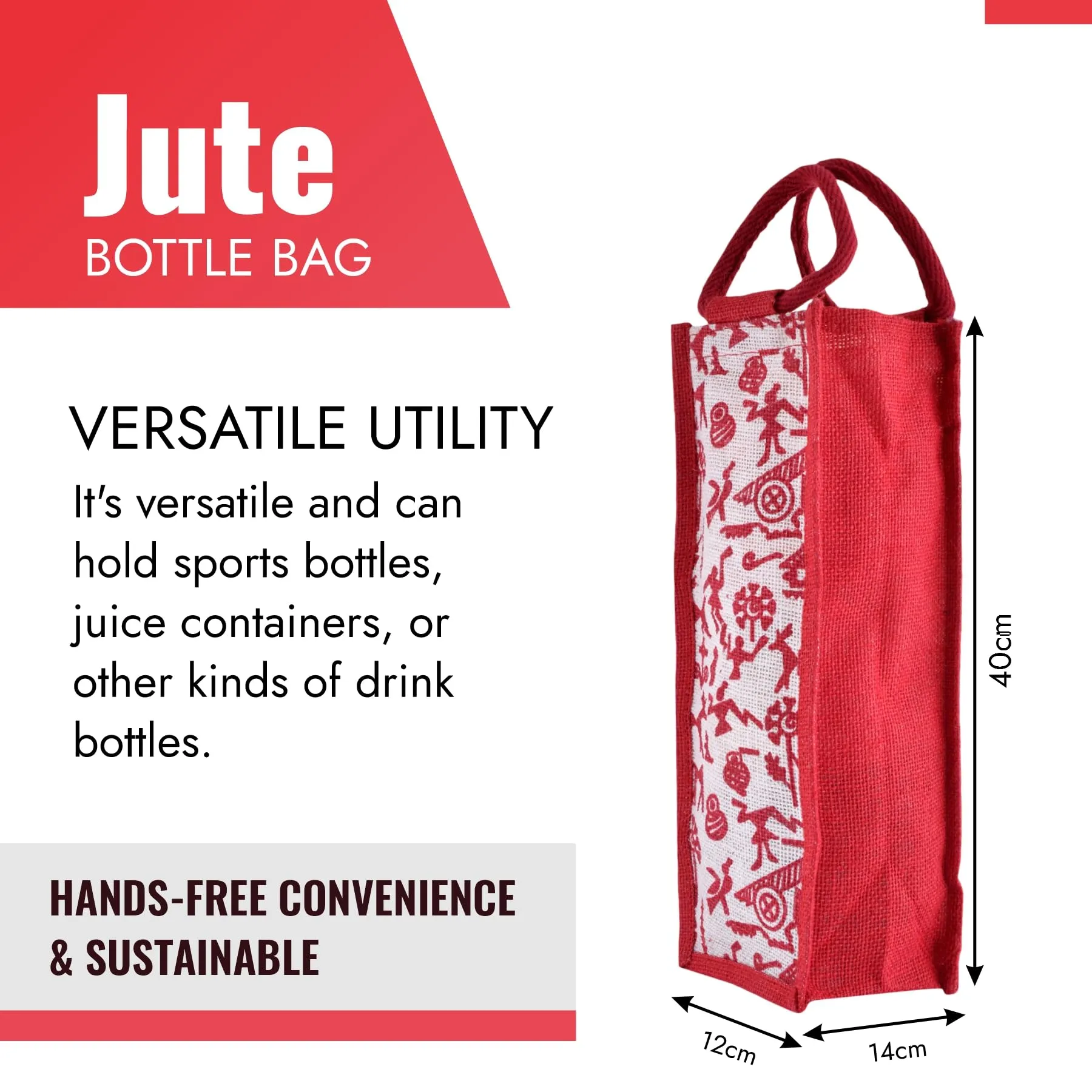 Kuber Industries Bottle Bag | Jute Carry Bag | Water Bottle Cover | Wine Bottle Bag | Reusable Bottle Bag with Handle | Bottle Bag for Office | Warli-Print Gift Bag | Red