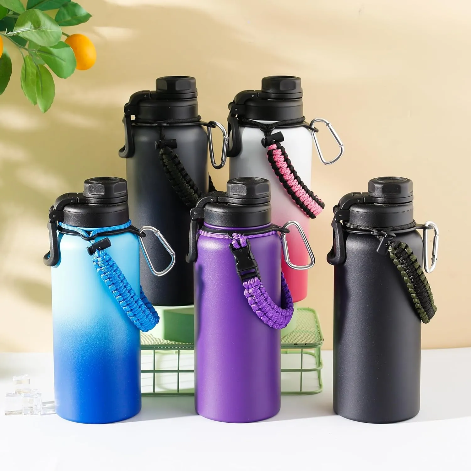 Kuber Industries Water Bottle | Steel Water Bottle for Daily Use | Vacuum Insulated Flask Water Bottle with Rope | Hot & Cold Water Bottle | 960 ML | LX-230606 | Pack of 2 | Black