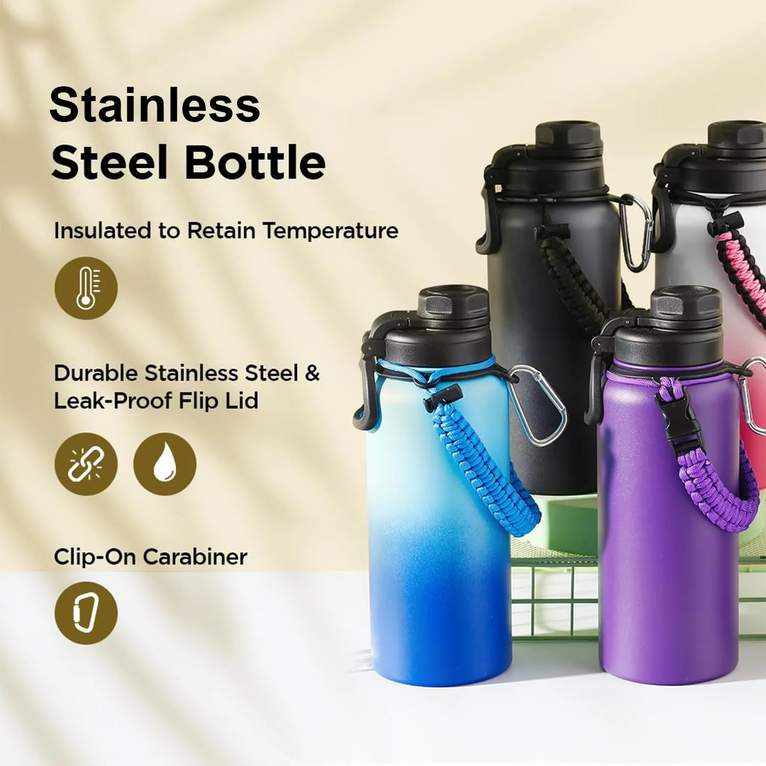 Kuber Industries Water Bottle | Steel Water Bottle for Daily Use | Vacuum Insulated Flask Water Bottle with Rope | Hot & Cold Water Bottle | 960 ML | LX-230606 | Pack of 2 | Black