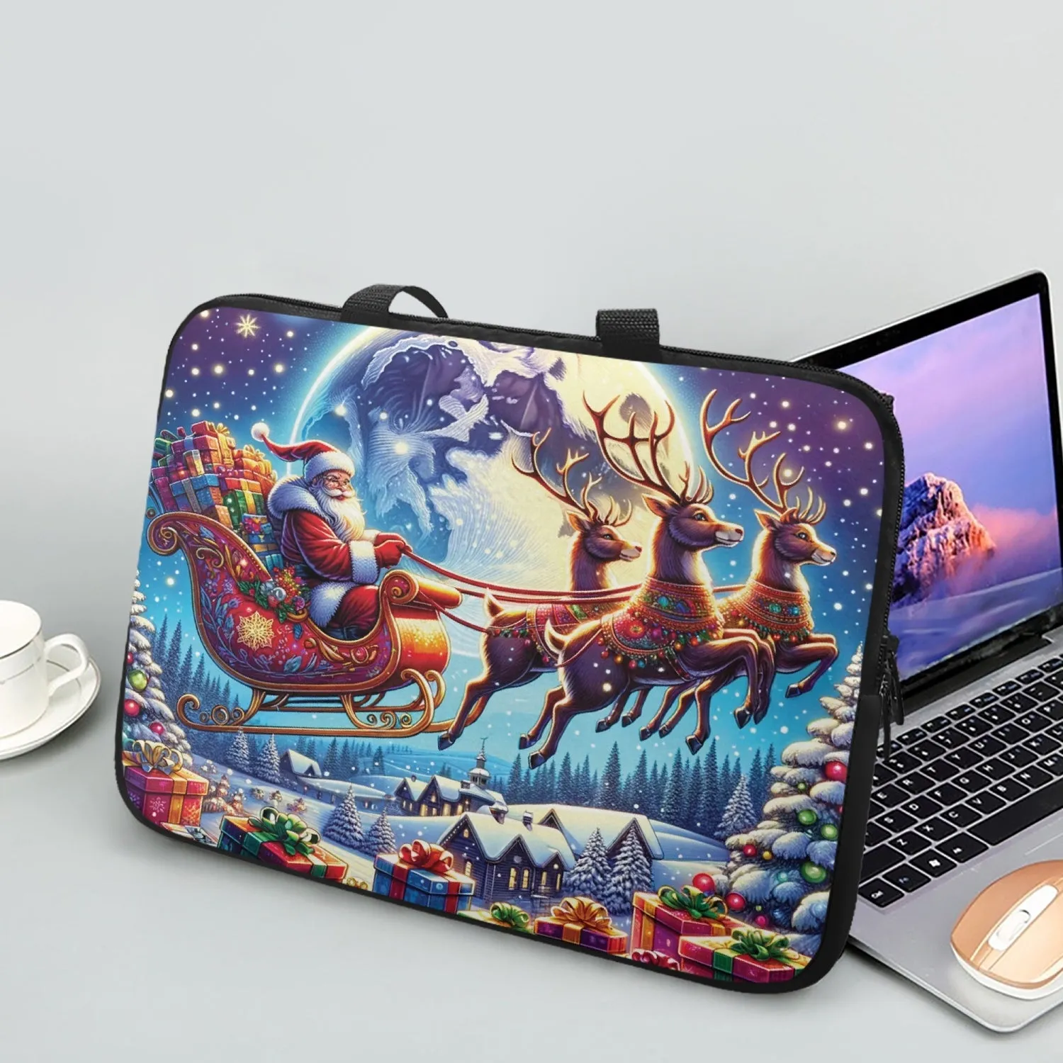 Laptop Sleeve with handles - Christmas, Santa and Sleigh