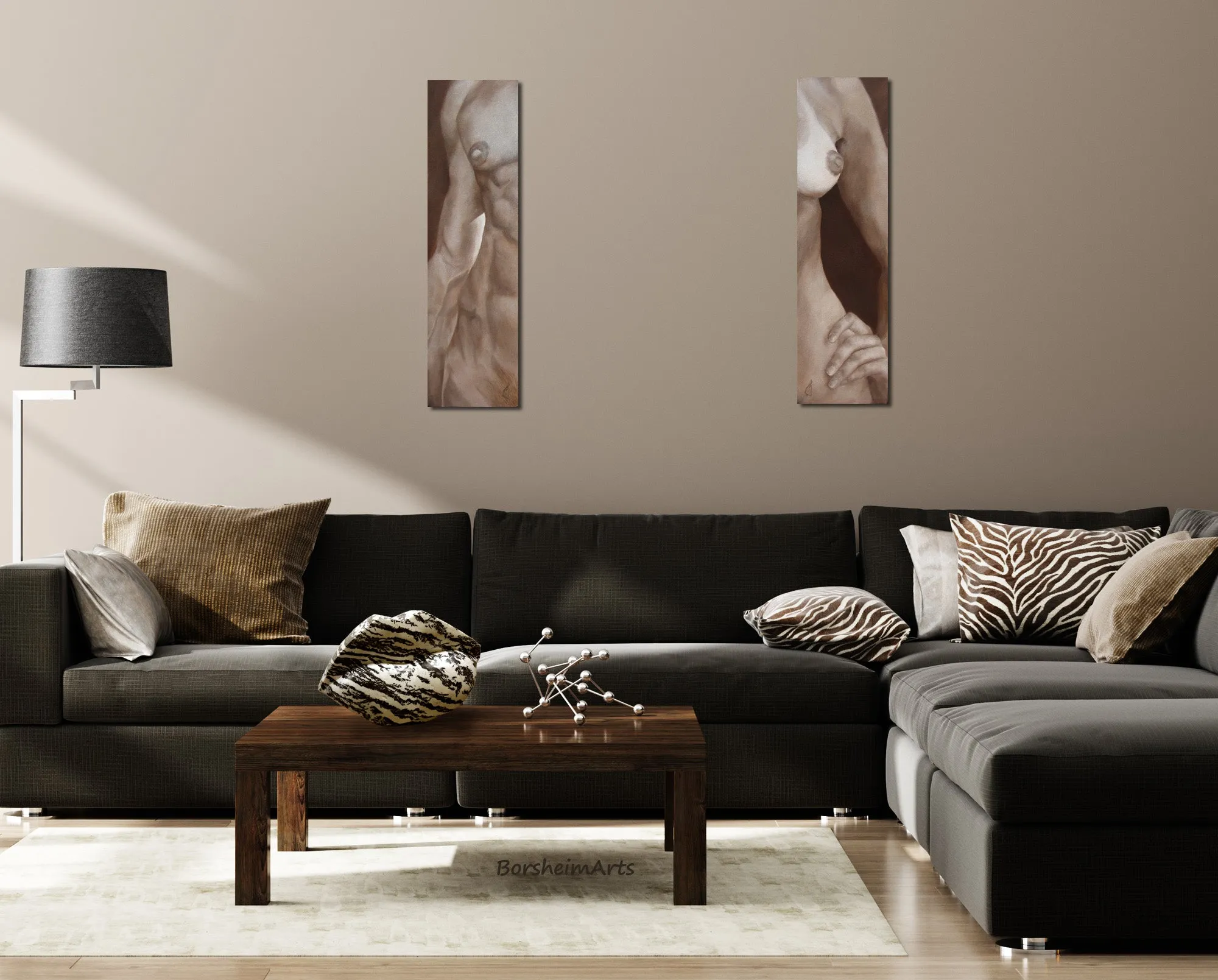 Lei Lui ~ Two Nude Torso Paintings Neutral Wall Art