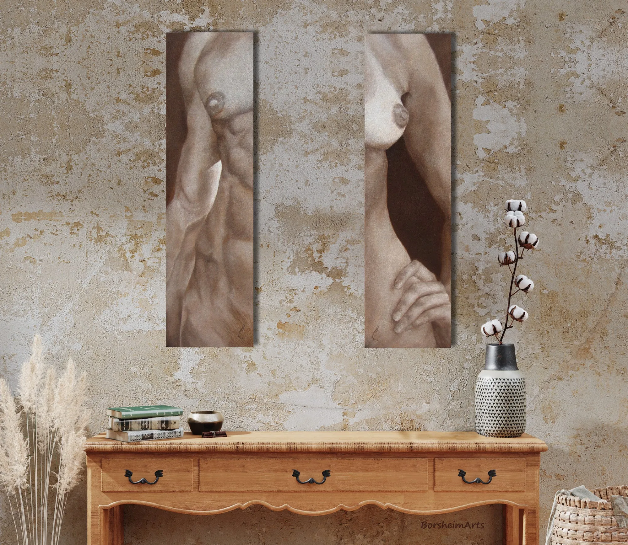 Lei Lui ~ Two Nude Torso Paintings Neutral Wall Art