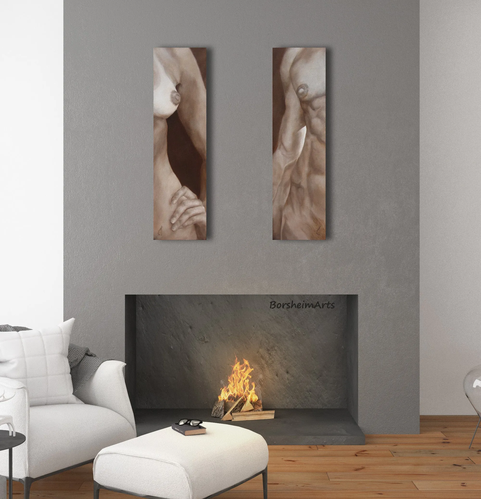 Lei Lui ~ Two Nude Torso Paintings Neutral Wall Art