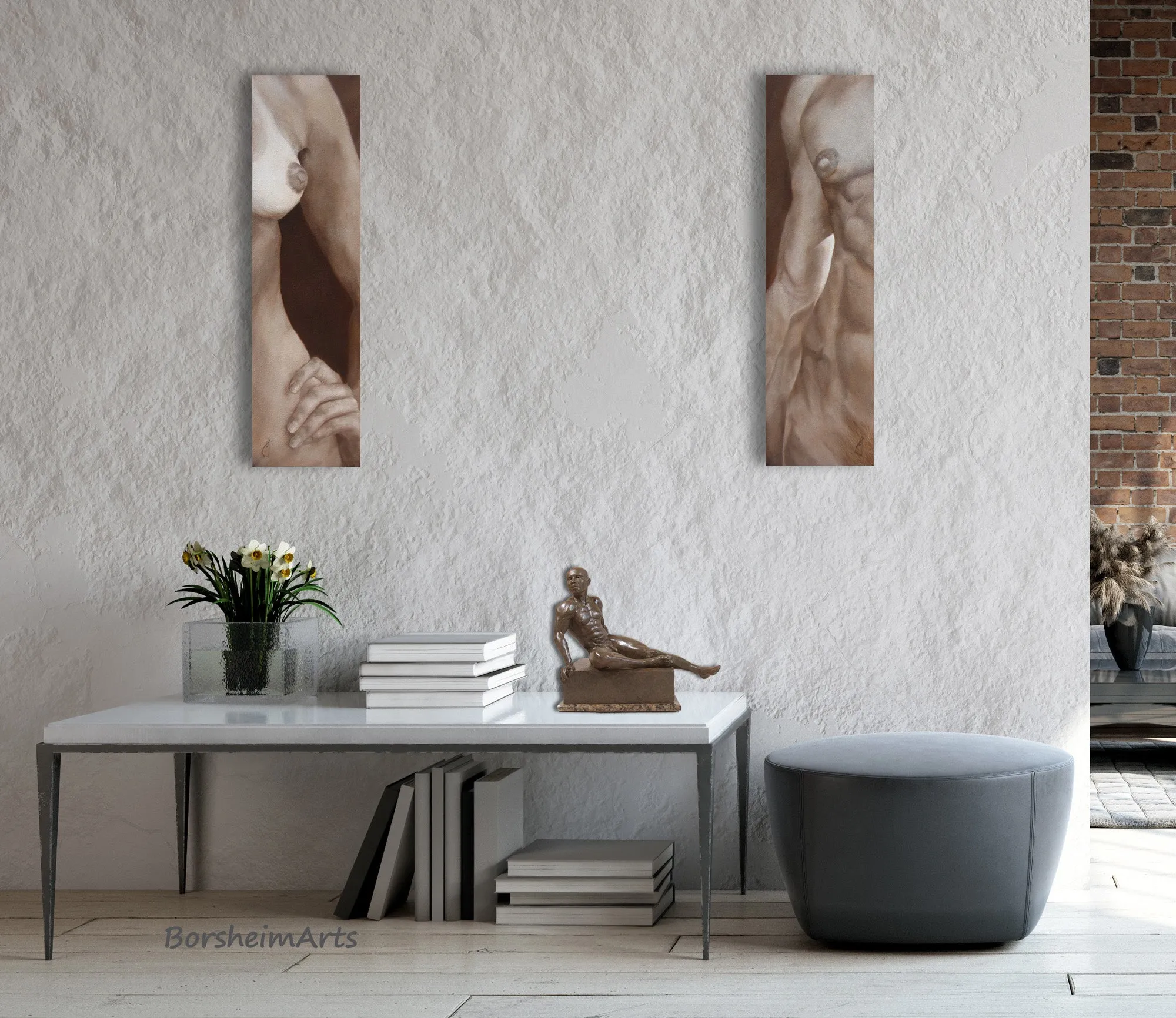 Lei Lui ~ Two Nude Torso Paintings Neutral Wall Art