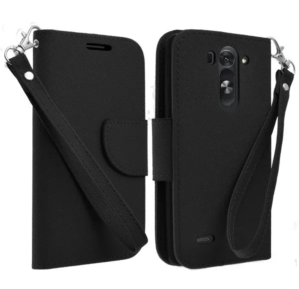 LG G3 s | LG G3 mini | LG G3 Beat | LG G3 Vigor | LG D725 | LG D722 Case, Wrist Strap Flip Folio [Kickstand Feature] Pu Leather Wallet Case with ID & Credit Card Slots - Black