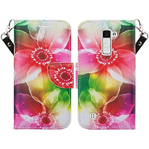 LG K10 / LG Premier LTE Case, Wrist Strap Magnetic Fold [Kickstand] Pu Leather Wallet Case with ID & Credit Card Slots - Flower Pedal