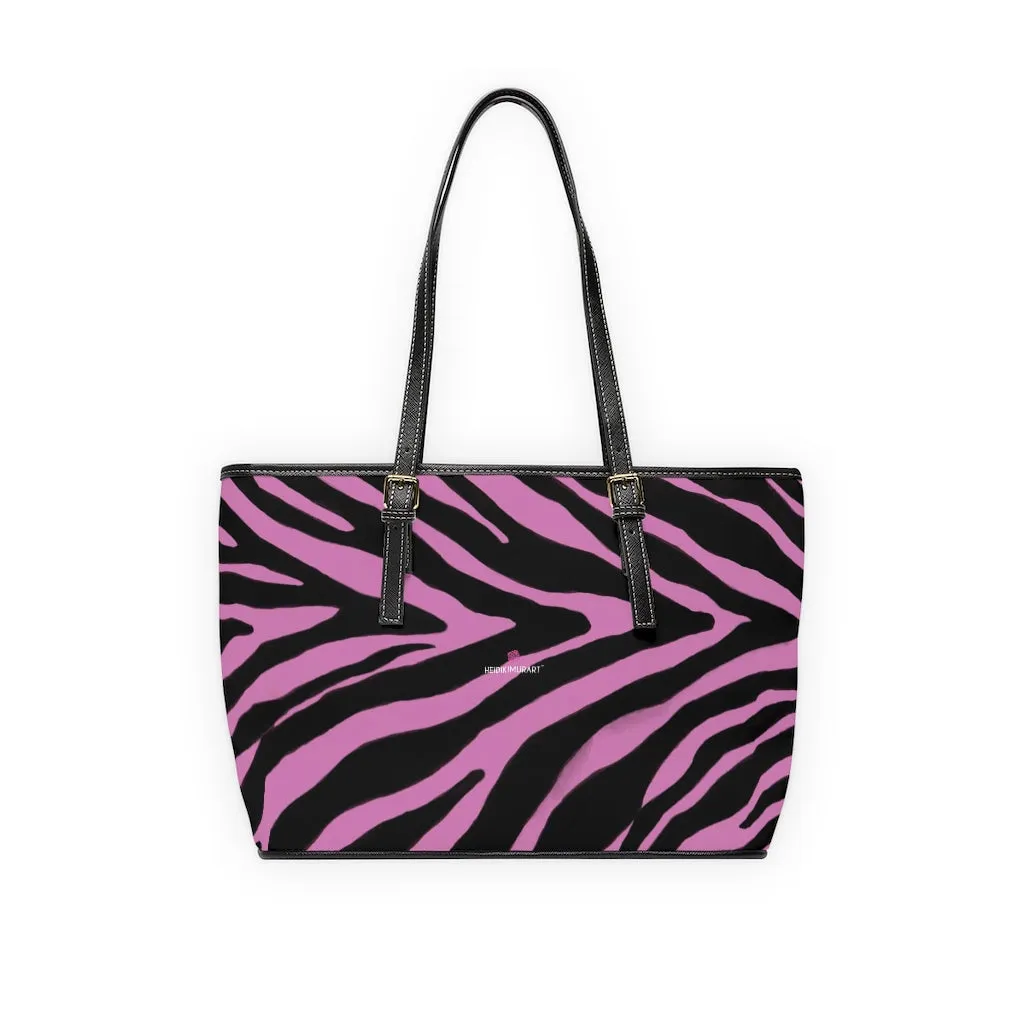 Light Pink Zebra Tote Bag, Animal Print PU Leather Shoulder Hand Work Bag 17"x11"/ 16"x10" For Ladies